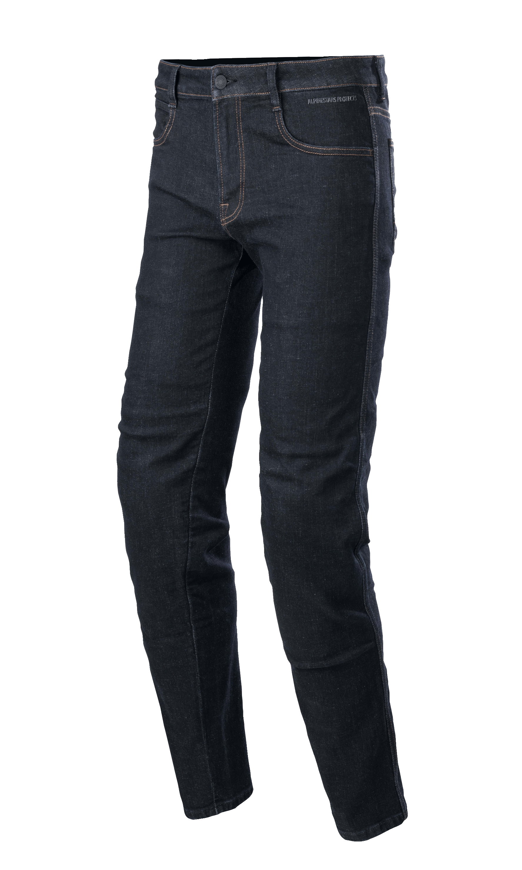 Alpinestars Sektor Regular Fit Denim, Rinse Blue motorcycle pants, tapered leg with contrast stitching, five-pocket design with belt loops and button closure, stretch denim fabric, urban riding style