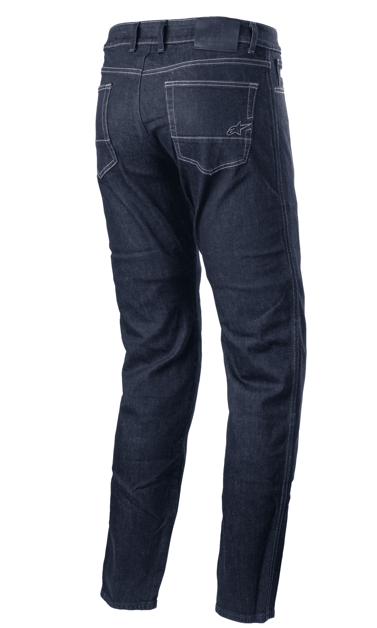 Alpinestars Sektor Regular Fit Denim Pants, pantalones urbanos de motociclismo, denim azul oscuro, vista trasera que muestra los bolsillos posteriores con costuras de contraste claras, pequeño logo bordado y diseño de corte regular cónico