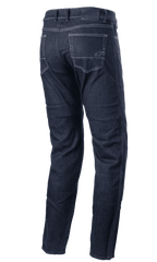 Alpinestars Sektor Regular Fit Denim Pants, pantalones urbanos de motociclismo, denim azul oscuro, vista trasera que muestra los bolsillos posteriores con costuras de contraste claras, pequeño logo bordado y diseño de corte regular cónico
