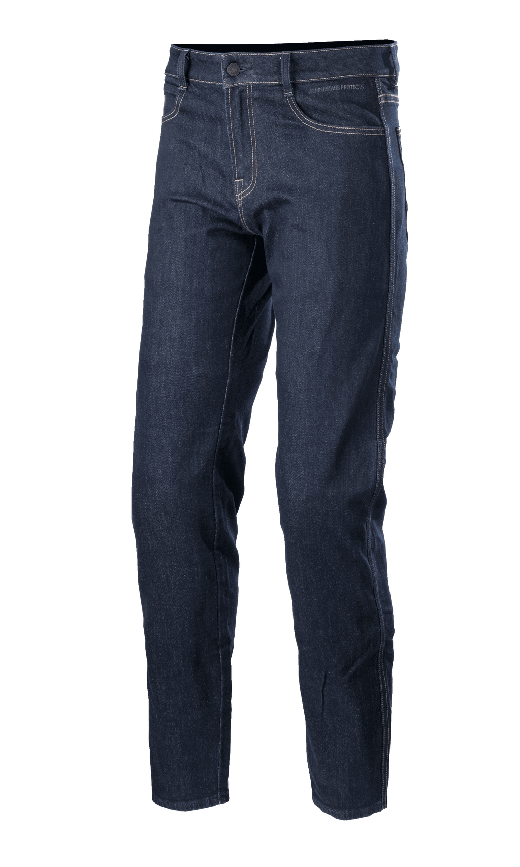 Alpinestars Sektor Regular Fit Denim Pants, pantalones vaqueros de moto en azul medio, pantalones técnicos para montar con costuras blancas de contraste, diseño de cinco bolsillos, pasadores para cinturón y pierna cónica en mezclilla elástica