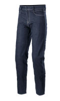 Alpinestars Sektor Regular Fit Denim Pants, pantalones vaqueros de moto en azul medio, pantalones técnicos para montar con costuras blancas de contraste, diseño de cinco bolsillos, pasadores para cinturón y pierna cónica en mezclilla elástica
