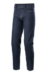 Alpinestars Sektor Regular Fit Denim Pants, pantalones vaqueros de moto en azul medio, pantalones técnicos para montar con costuras blancas de contraste, diseño de cinco bolsillos, pasadores para cinturón y pierna cónica en mezclilla elástica