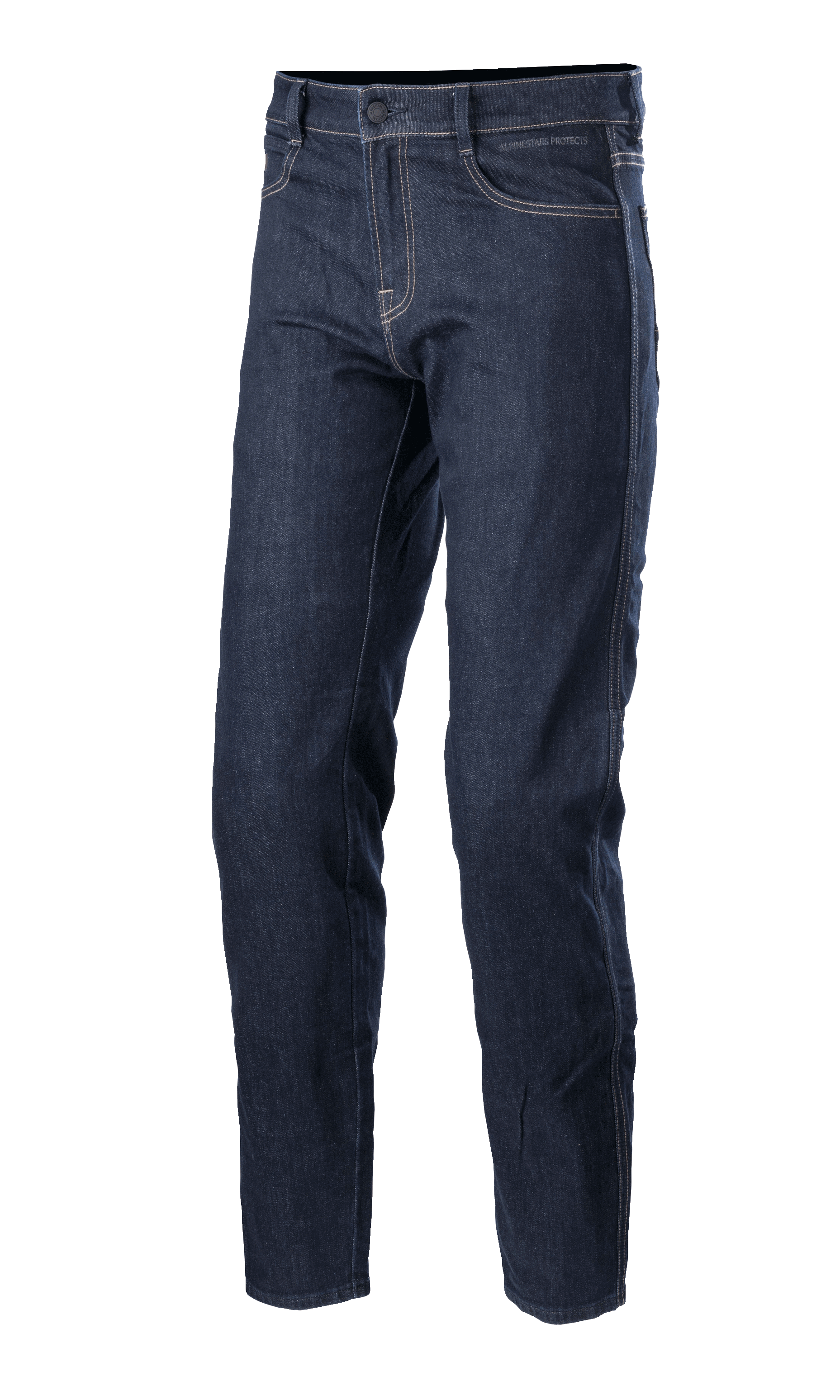 Alpinestars Sektor Regular Fit Denim Pants, pantalones vaqueros de moto en azul medio, pantalones técnicos para montar con costuras blancas de contraste, diseño de cinco bolsillos, pasadores para cinturón y pierna cónica en mezclilla elástica