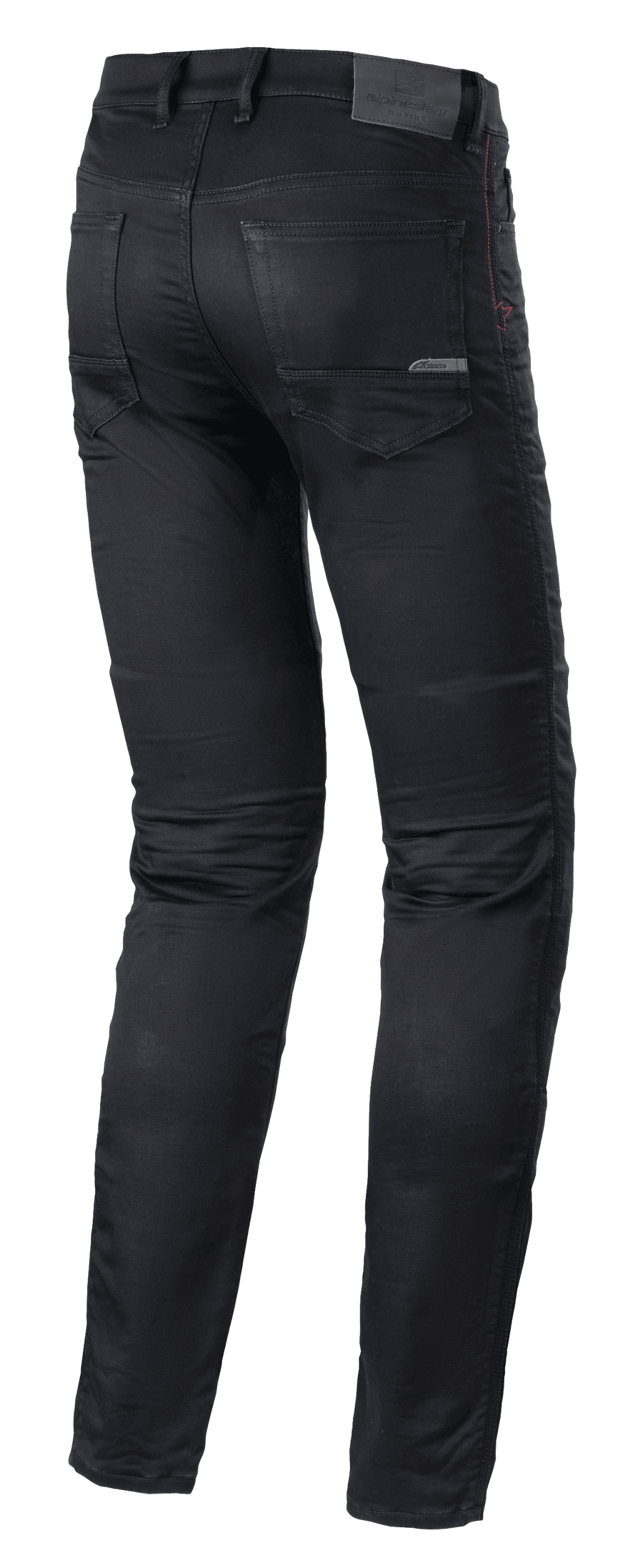 Alpinestars Cerium Tech Stretch Riding Denim, pantalones vaqueros para motociclismo, Black Rinse, diseño de corte ajustado, vista trasera que muestra la construcción de pierna precurvada, bolsillos traseros y parche de cuero en la cintura con marca grabada