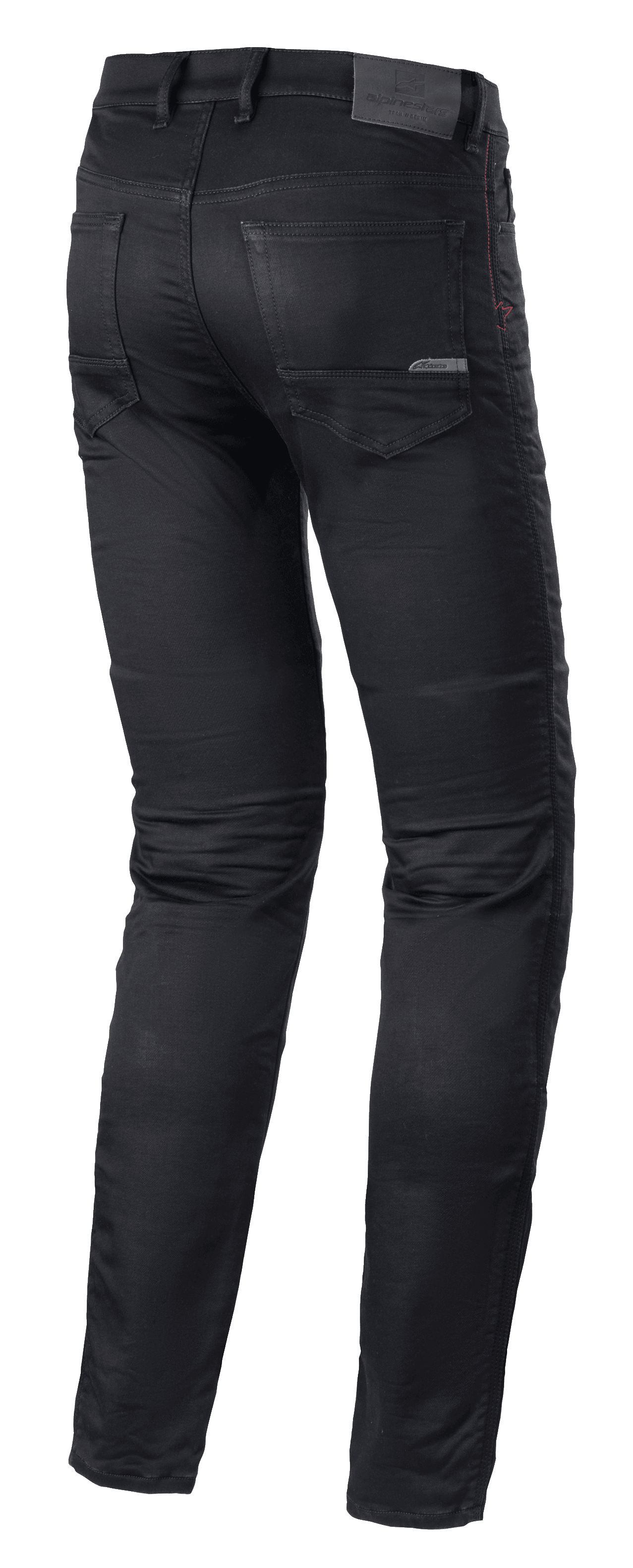 Alpinestars Cerium Tech Stretch Riding Denim, pantalones vaqueros para motociclismo, Black Rinse, diseño de corte ajustado, vista trasera que muestra la construcción de pierna precurvada, bolsillos traseros y parche de cuero en la cintura con marca grabada