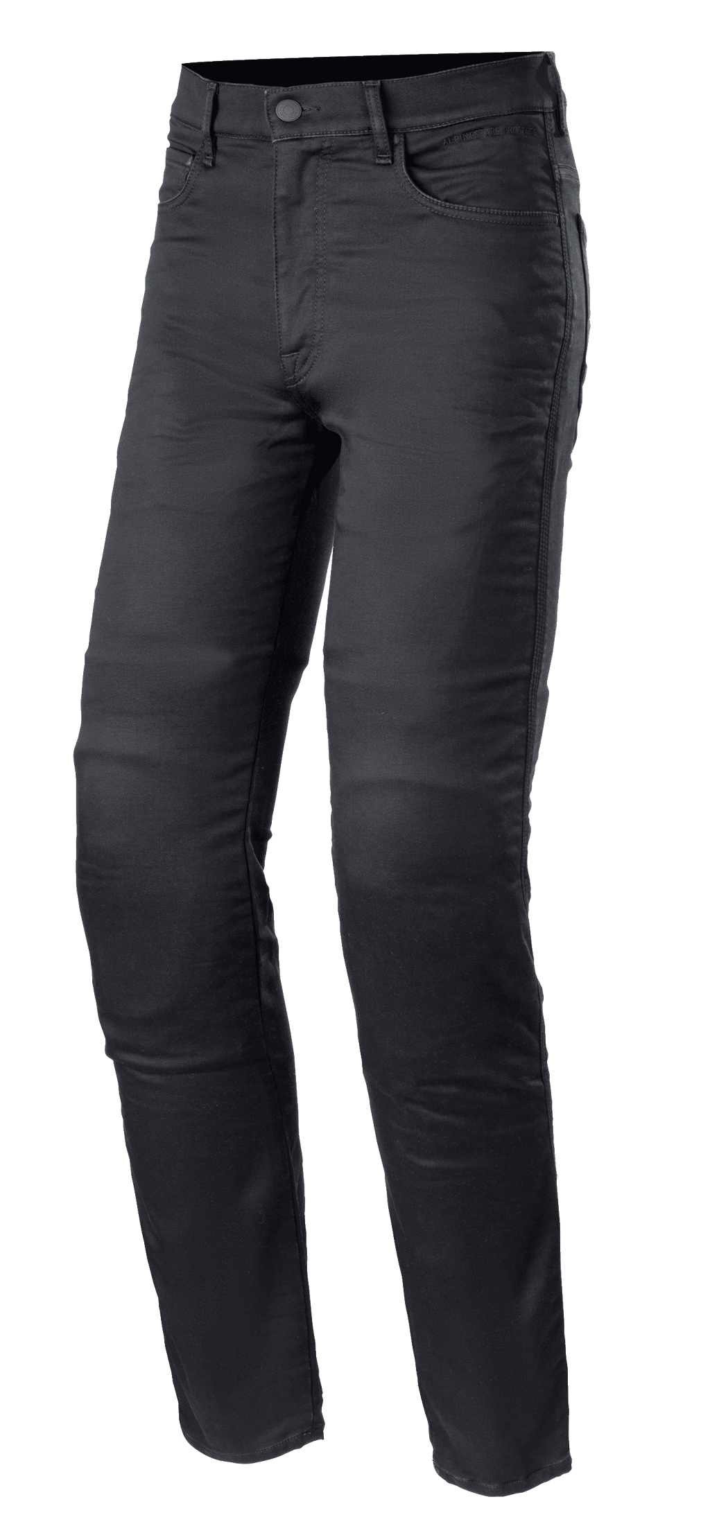 Alpinestars Cerium Tech Stretch Riding Denim, pantalones vaqueros de moto en color Black Rinse, corte slim con cierre de botón, diseño de cinco bolsillos con trabillas, tejido elástico duradero con costuras visibles