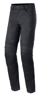 Alpinestars Cerium Tech Stretch Riding Denim, pantalones vaqueros de moto en color Black Rinse, corte slim con cierre de botón, diseño de cinco bolsillos con trabillas, tejido elástico duradero con costuras visibles