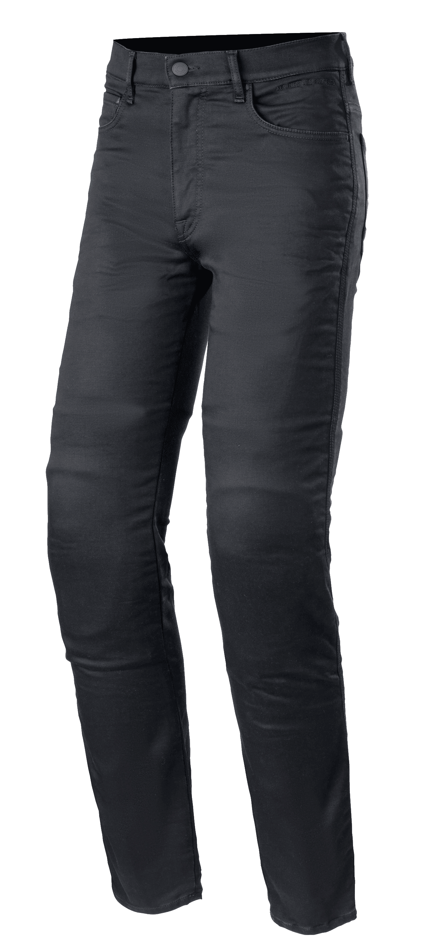 Alpinestars Cerium Tech Stretch Riding Denim, pantalones vaqueros de moto en color Black Rinse, corte slim con cierre de botón, diseño de cinco bolsillos con trabillas, tejido elástico duradero con costuras visibles