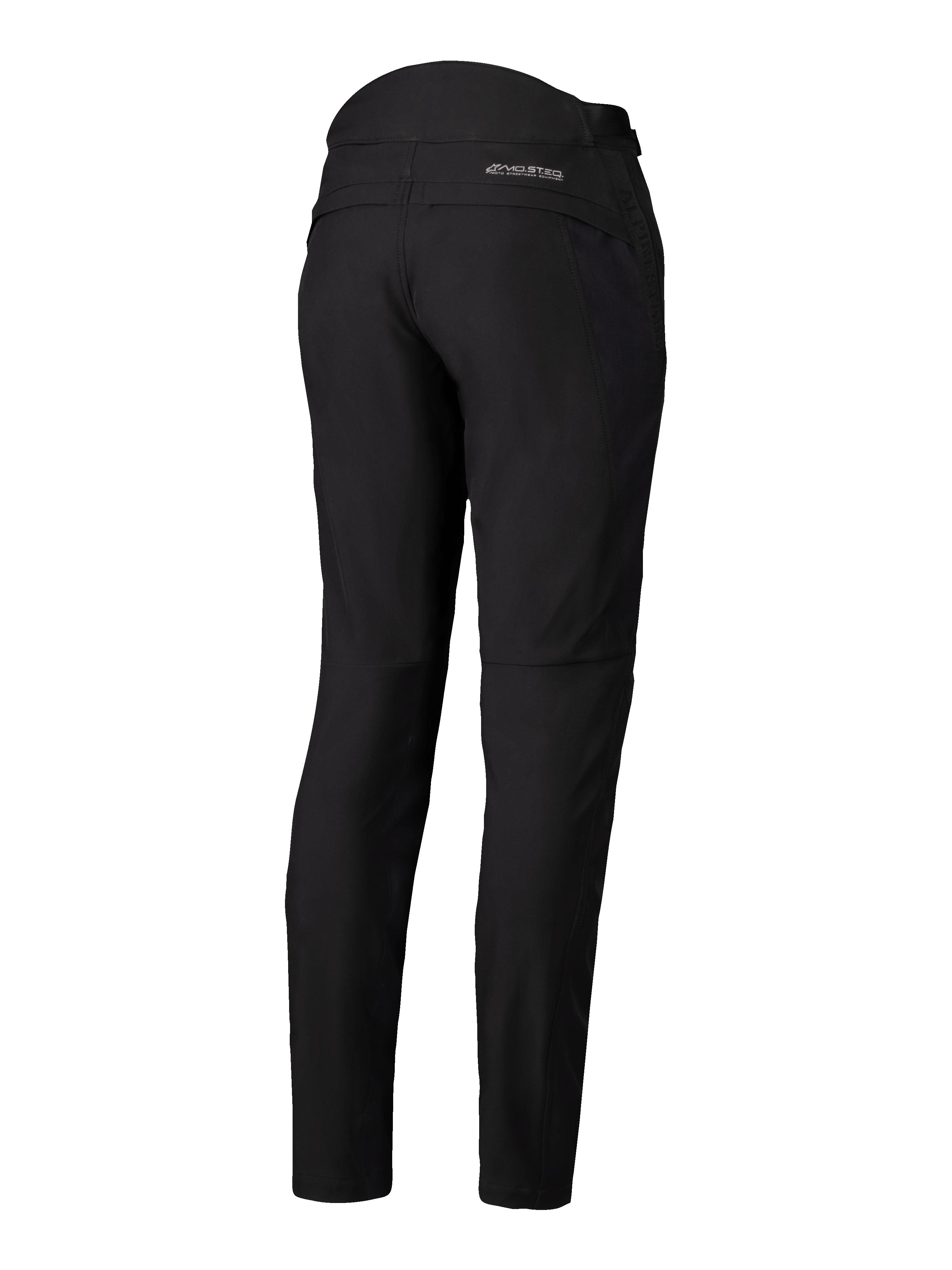 Alpinestars Alamosa Women Pants, negros, vista trasera, pantalones textiles softshell de ajuste ceñido con logo MO.ST.EQ. en el canesú trasero, detalles acolchados en la parte superior trasera de la cintura, equipamiento minimalista urbano para motociclismo