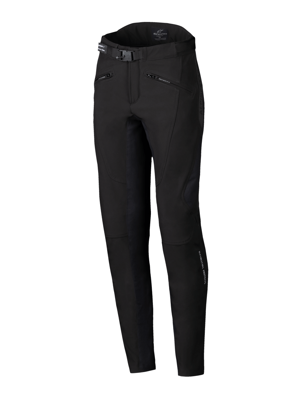 Alpinestars Alamosa Women Pants, pantalones de moto urbanos para mujer, color negro, ajuste de rendimiento ceñido, con cinturón con hebilla, bolsillos con cremallera y tejido softshell técnico elástico ergonómico, diseño minimalista inspirado en el estilo urbano