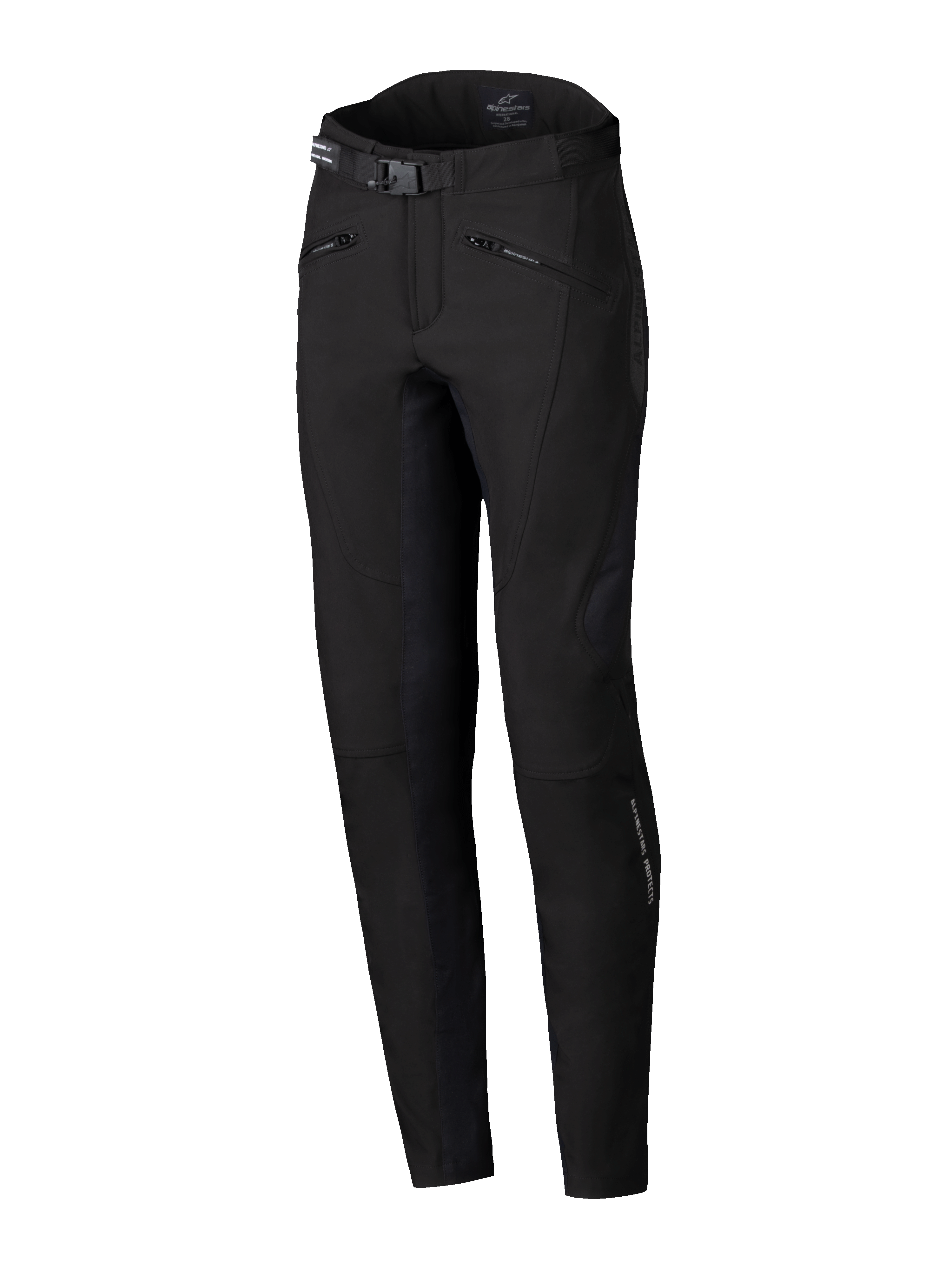 Alpinestars Alamosa Women Pants, pantalones de moto urbanos para mujer, color negro, ajuste de rendimiento ceñido, con cinturón con hebilla, bolsillos con cremallera y tejido softshell técnico elástico ergonómico, diseño minimalista inspirado en el estilo urbano