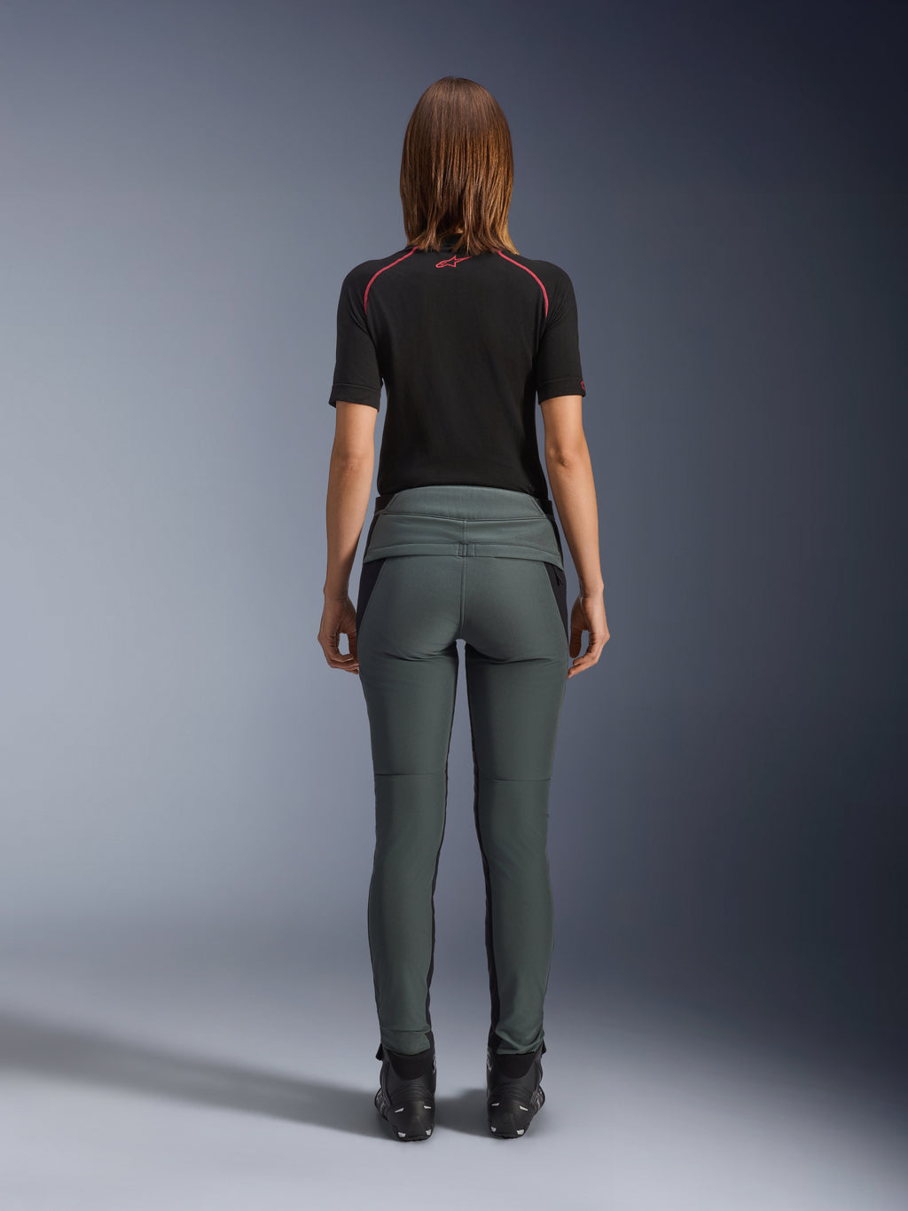 Alpinestars Alamosa Women's Pants in Urban Gray, slim fit urban motorcycle riding pants with quilted back waist, rear view.