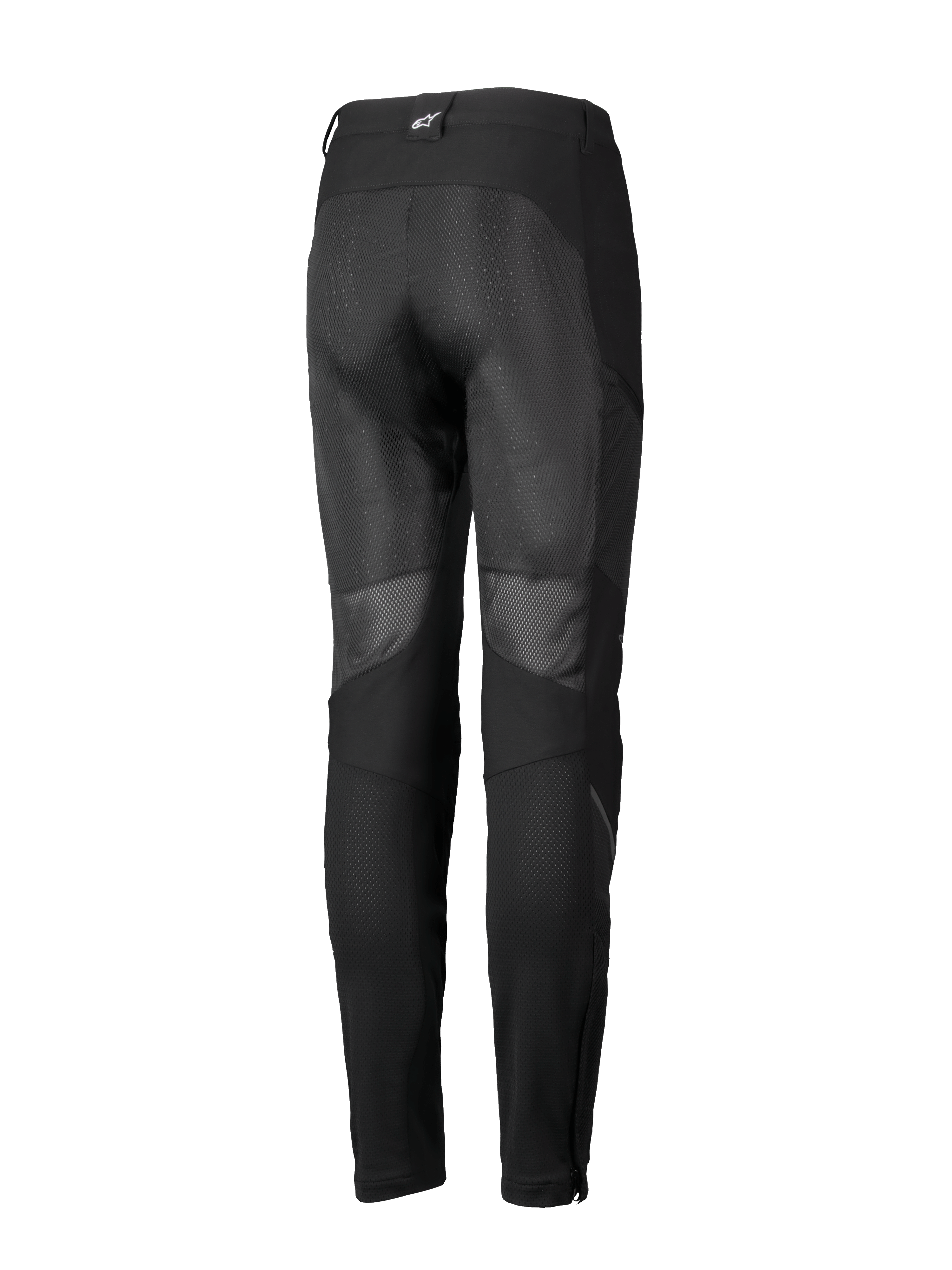 Alpinestars Stella Troop-Air Pants, pantalones de moto para mujer, negros, vista trasera con amplios paneles de ventilación de malla en la parte posterior de las piernas, confección textil y un pequeño logotipo blanco en la trabilla trasera.