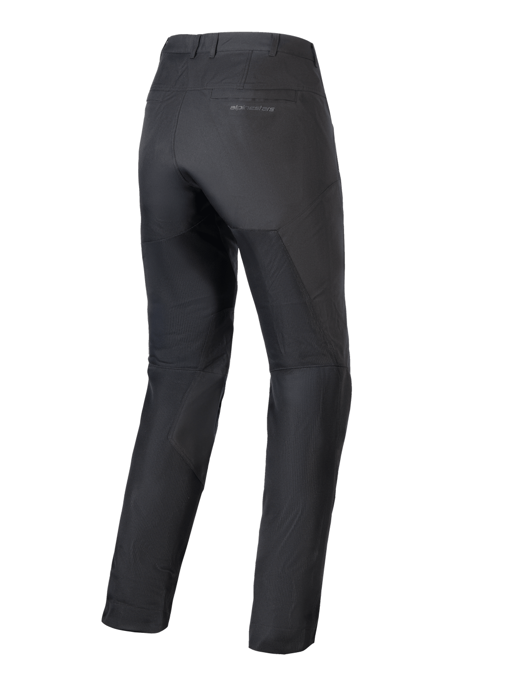 Alpinestars Stella C-1 Air Pants para mujer, pantalones de moto negros, vista trasera, con grandes paneles de malla técnica en las piernas para el flujo de aire, diseño urbano elegante con marca sutil en el bolsillo trasero