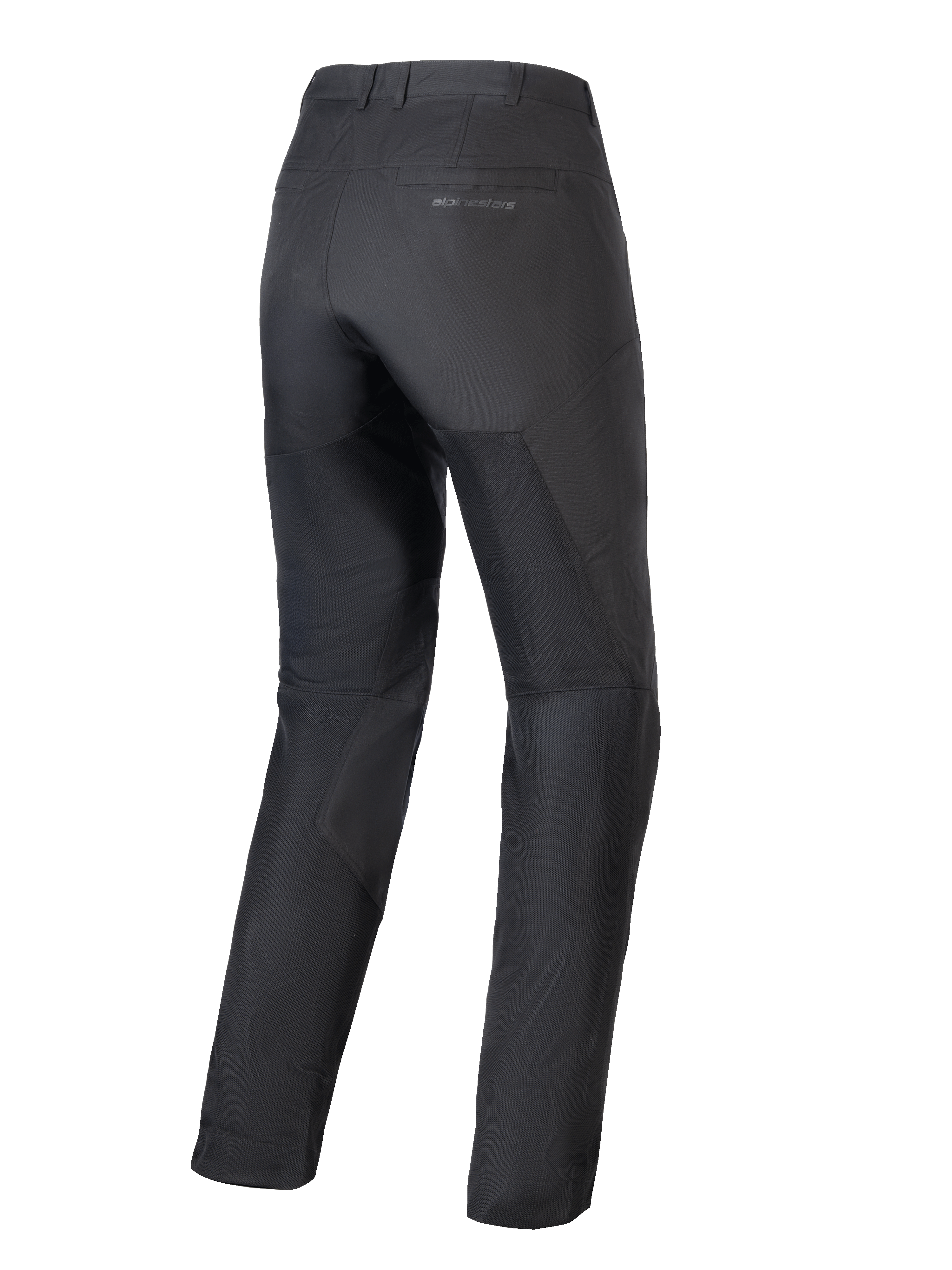 Alpinestars Stella C-1 Air Pants para mujer, pantalones de moto negros, vista trasera, con grandes paneles de malla técnica en las piernas para el flujo de aire, diseño urbano elegante con marca sutil en el bolsillo trasero