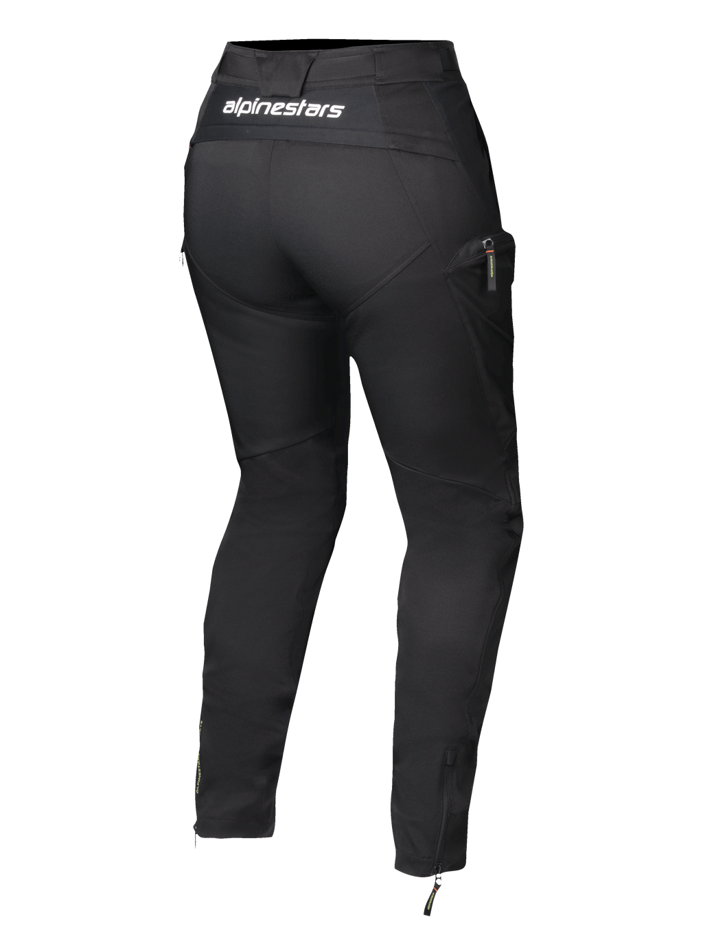 Pantalones Alpinestars Actea para mujer, negros, vista trasera con logotipo blanco en la cintura, silueta entallada con bolsillo lateral tipo cargo, cremalleras en los tobillos, modernos pantalones de conducción para moto