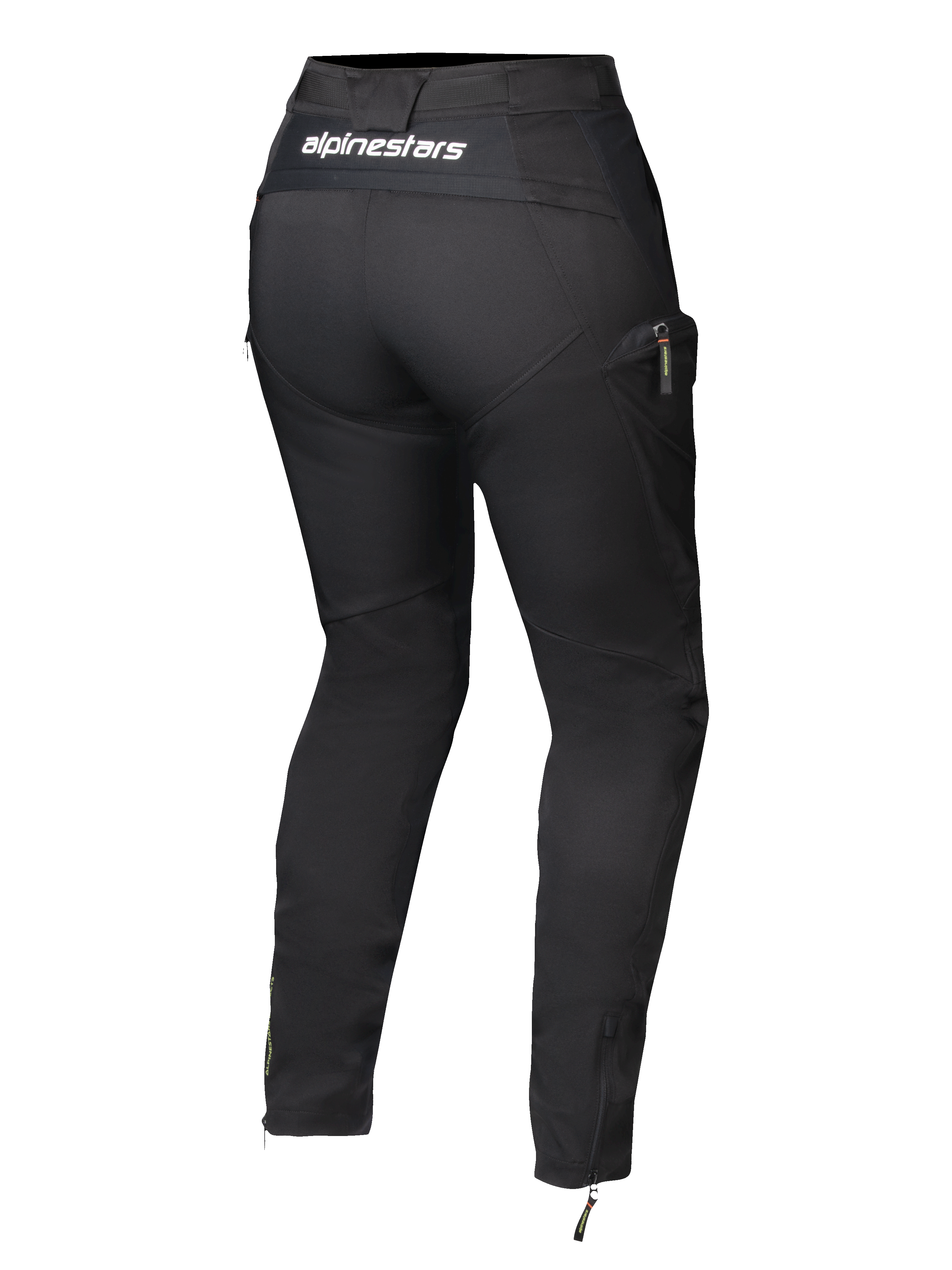 Pantalones Alpinestars Actea para mujer, negros, vista trasera con logotipo blanco en la cintura, silueta entallada con bolsillo lateral tipo cargo, cremalleras en los tobillos, modernos pantalones de conducción para moto
