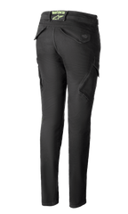 Alpinestars Caliber Women's Tech Riding Denim en Antracita, vista trasera, pantalones estilo combate de corte ajustado con bolsillos cargo funcionales y un logotipo astars verde lima en la parte posterior de la cintura.