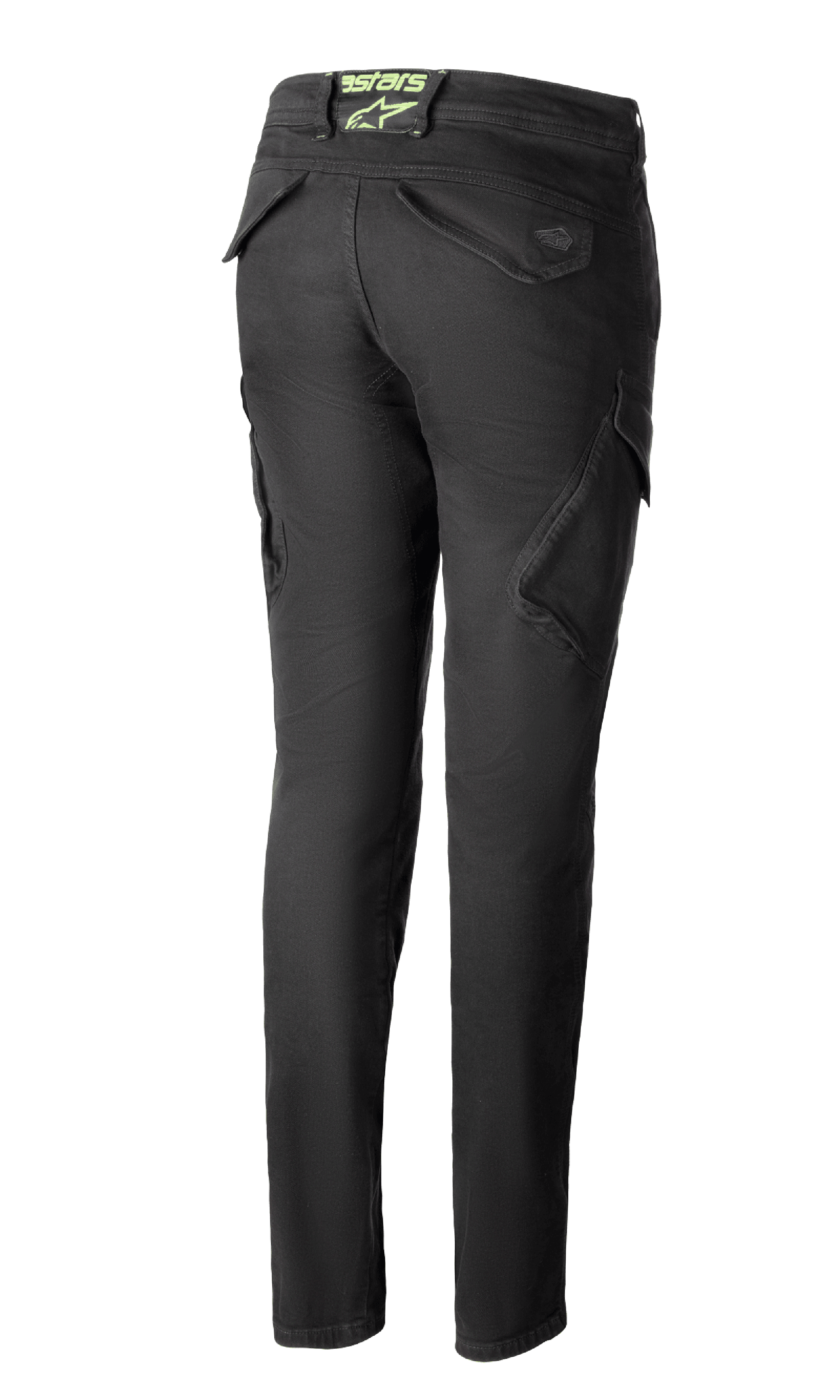 Alpinestars Caliber Women's Tech Riding Denim en Antracita, vista trasera, pantalones estilo combate de corte ajustado con bolsillos cargo funcionales y un logotipo astars verde lima en la parte posterior de la cintura.