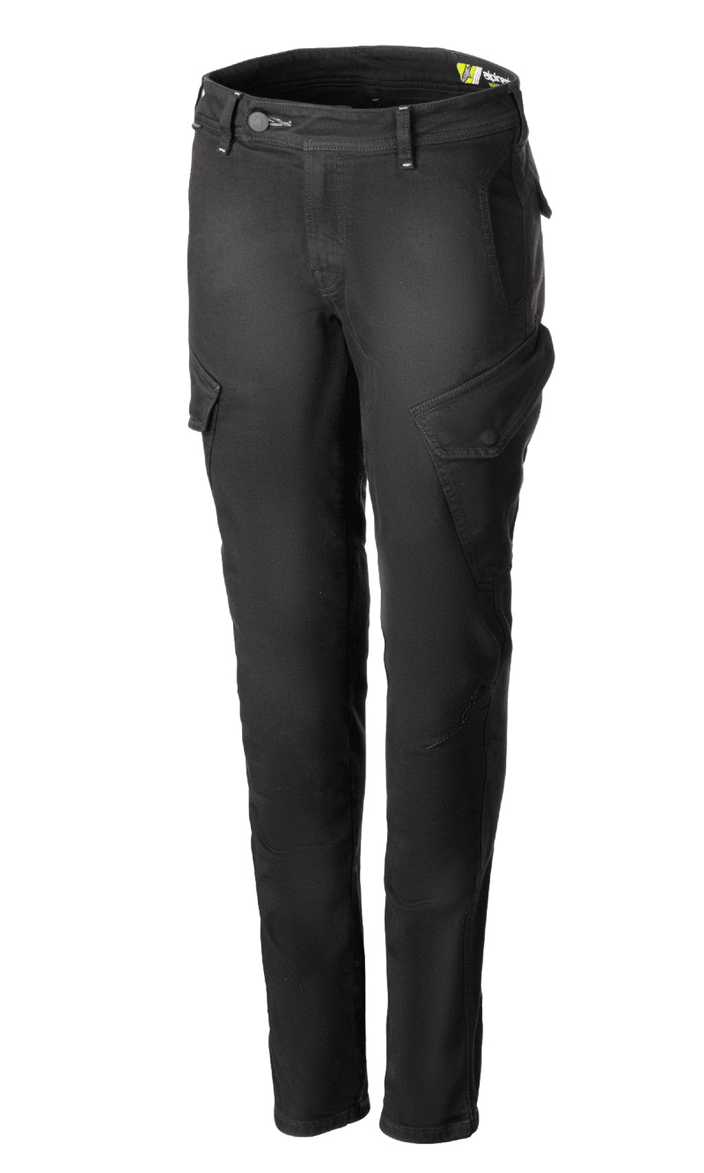 Alpinestars Caliber Women's Tech Riding Denim, pantalones cargo de moto para mujer, gris antracita, silueta ajustada con bolsillos laterales de solapa en ángulo, trabillas para cinturón y cierre de botón y cremallera, denim Cordura elástico duradero, equipamiento protector para conducción urbana.