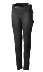 Alpinestars Caliber Women's Tech Riding Denim, pantalones cargo de moto para mujer, gris antracita, silueta ajustada con bolsillos laterales de solapa en ángulo, trabillas para cinturón y cierre de botón y cremallera, denim Cordura elástico duradero, equipamiento protector para conducción urbana.
