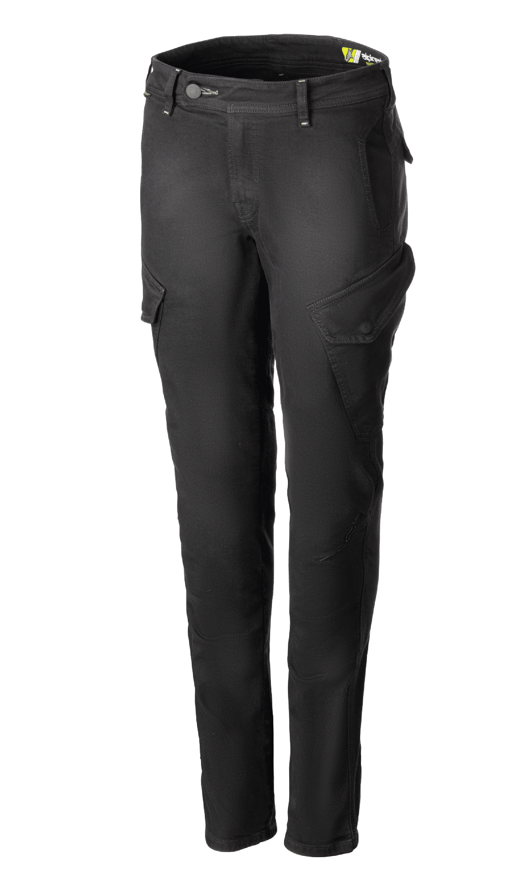 Alpinestars Caliber Women's Tech Riding Denim, pantalones cargo de moto para mujer, gris antracita, silueta ajustada con bolsillos laterales de solapa en ángulo, trabillas para cinturón y cierre de botón y cremallera, denim Cordura elástico duradero, equipamiento protector para conducción urbana.