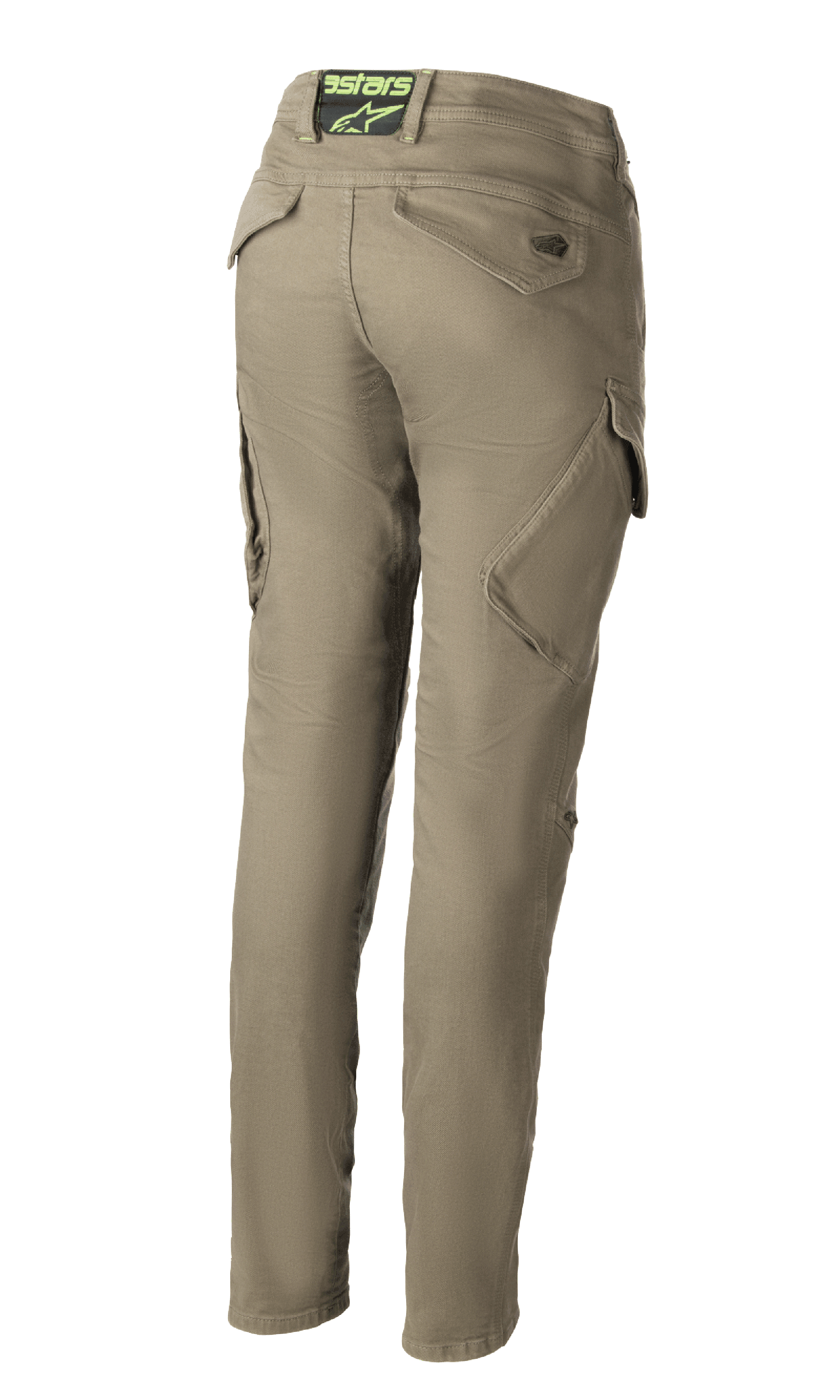 Alpinestars Caliber Women's Tech Riding Denim, pantalones de moto para mujer en verde militar, vista posterior que muestra el diseño de combate de corte ajustado con bolsillos de carga angulados, logo Astars en la parte trasera de la cintura, tejido Cordura duradero.