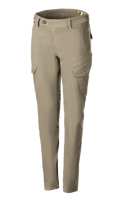Alpinestars Caliber Women's Tech Riding Denim, pantalones de moto para mujer, verde militar, estilo cargo con bolsillos angulados, ajuste entallado, presillas para cinturón, cierre de botón y cremallera, tejido Cordura elástico resistente para conducción urbana