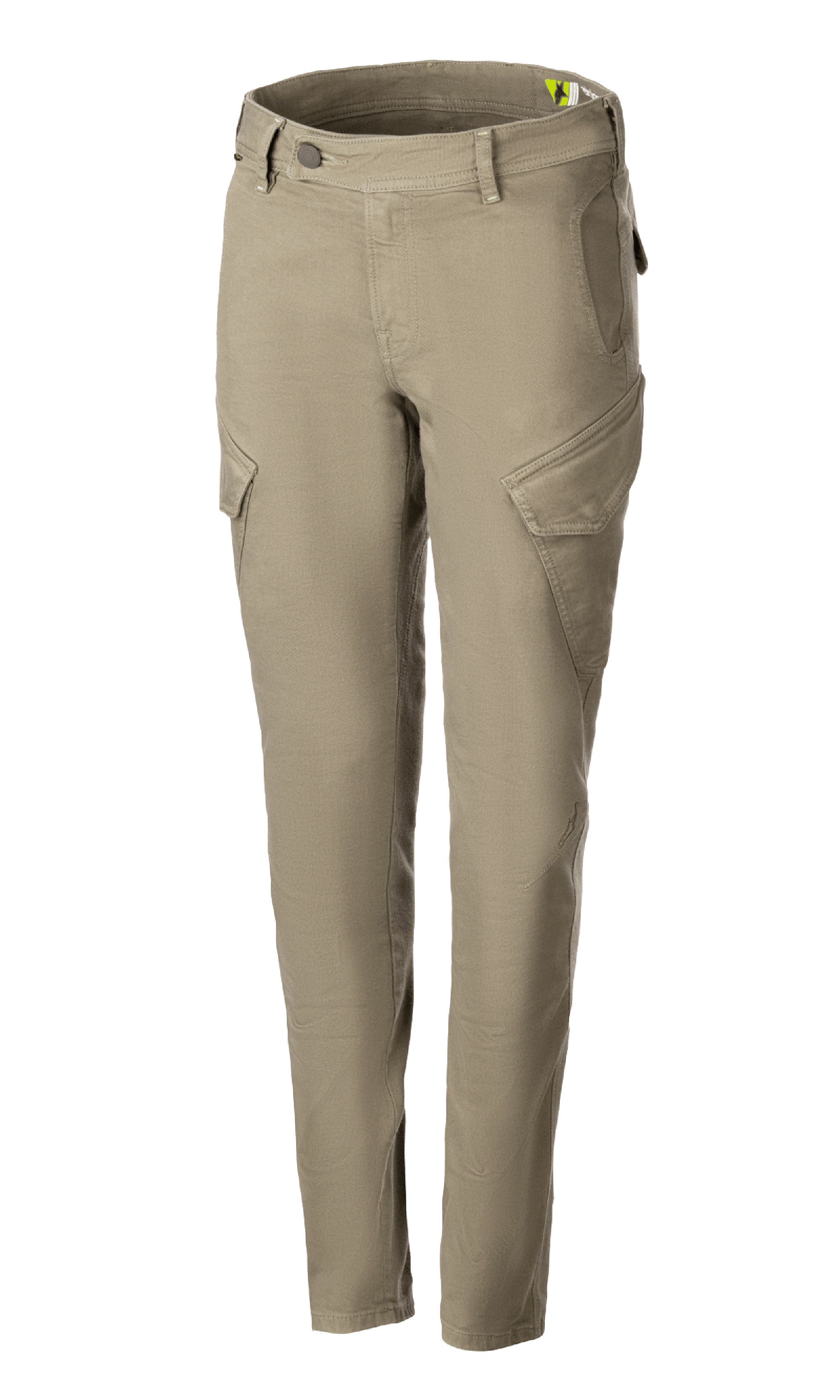 Alpinestars Caliber Women's Tech Riding Denim, Motorcycle Riding Pants, Military Green, combat style featuring angled cargo pockets, slim tapered fit, belt loops, button and zipper closure, durable stretch Cordura fabric for urban riding