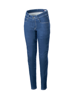 Alpinestars Daisy V3 Women's Riding Denim, slim fit blue urban motorcycle pants with stretch cotton and CE certified armor.