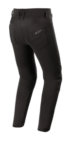 Leggings Alpinestars Banshee para mujer, leggings negros para montar en moto, vista trasera con ajuste ceñido, bolsillos traseros con el logotipo de Alpinestars, tejido elástico anatómico para uso en carretera urbana