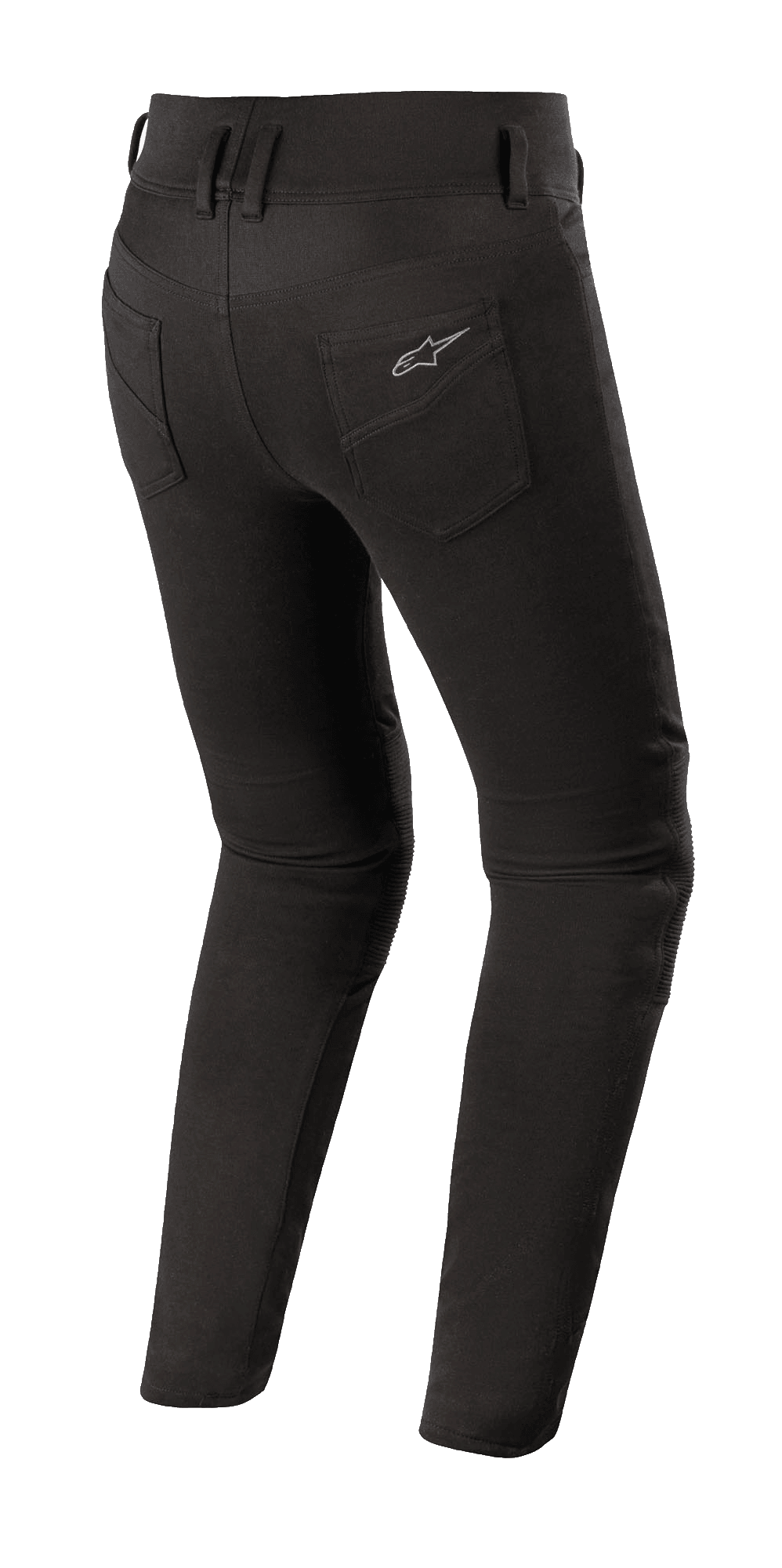 Leggings Alpinestars Banshee para mujer, leggings negros para montar en moto, vista trasera con ajuste ceñido, bolsillos traseros con el logotipo de Alpinestars, tejido elástico anatómico para uso en carretera urbana