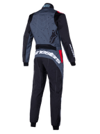 Mono Alpinestars KMX-9 V3 Graphic 6, traje de karting en gris y negro con detalles rojos, vista trasera con espalda de diseño gráfico, marca Alpinestars en blanco llamativo en la parte inferior de la espalda y paneles ergonómicos para el rendimiento en deportes de motor.