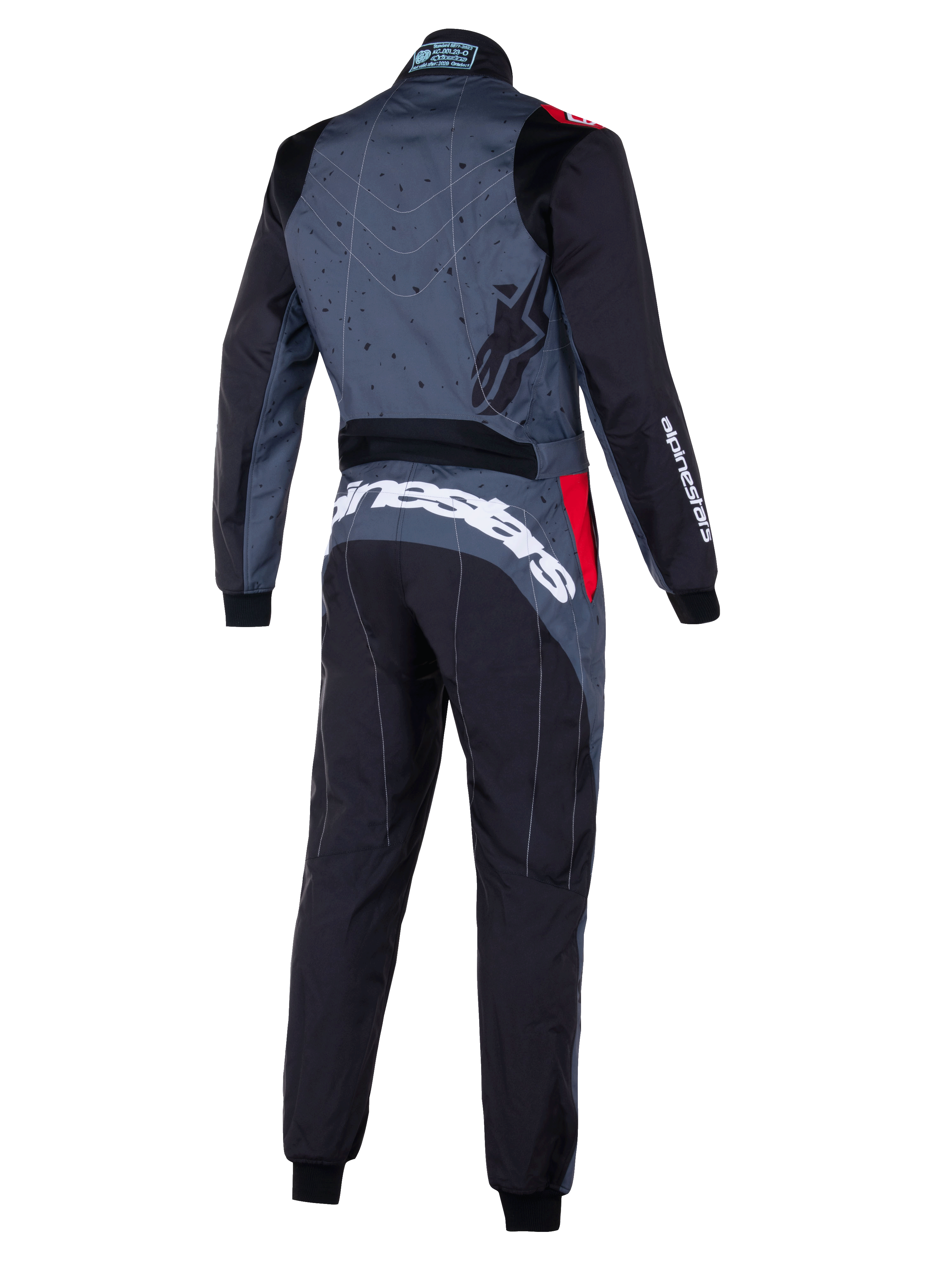 Mono Alpinestars KMX-9 V3 Graphic 6, traje de karting en gris y negro con detalles rojos, vista trasera con espalda de diseño gráfico, marca Alpinestars en blanco llamativo en la parte inferior de la espalda y paneles ergonómicos para el rendimiento en deportes de motor.