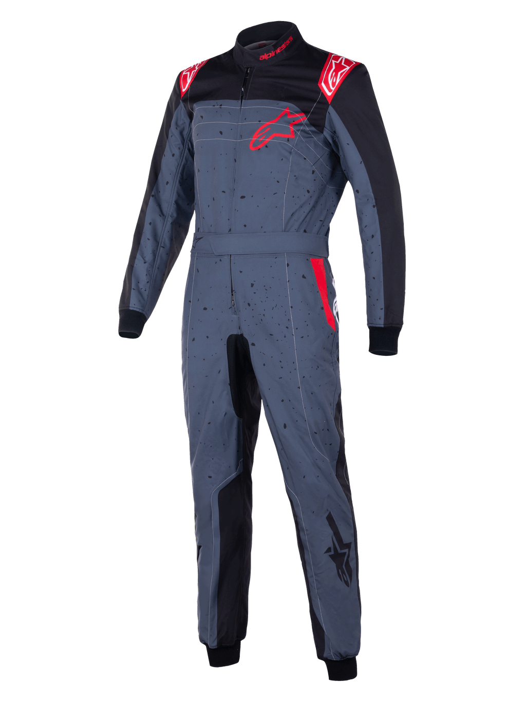 Alpinestars KMX-9 V3 Graphic 6, mono de karting, gris antracita con detalles en negro y rojo, con un diseño gráfico moteado, logotipo de estrella roja en el pecho, paneles interiores negros y detalles rojos en los hombros, equipamiento profesional para automovilismo
