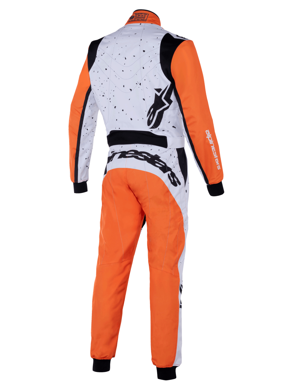 Alpinestars KMX-9 V3 Graphic 6 Suit, mono de karting, blanco, naranja y negro, vista posterior que muestra un diseño gráfico moteado en la sección superior blanca, mangas y piernas naranjas, paneles elásticos negros y logotipos distintivos de Alpinestars.
