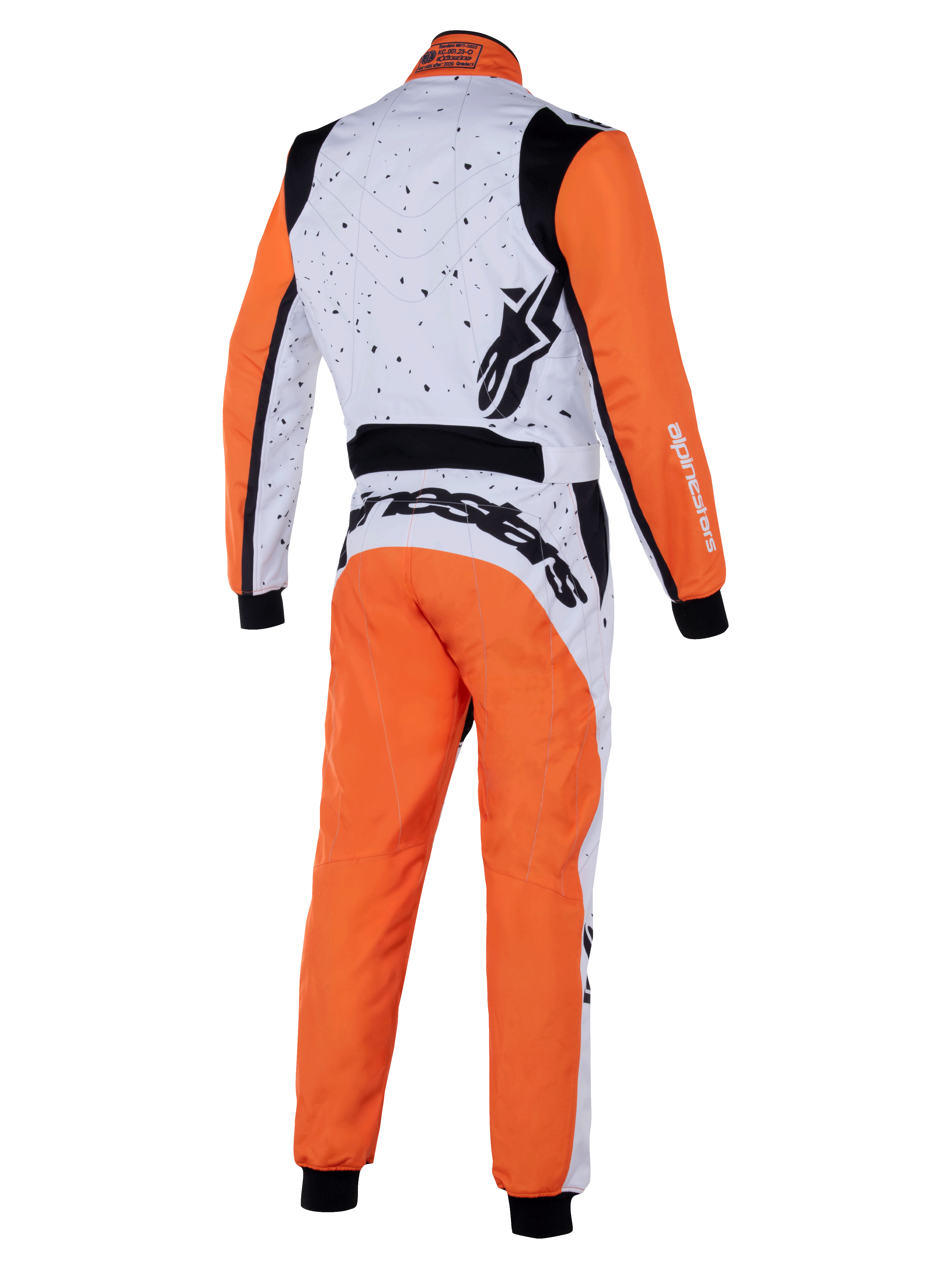 Alpinestars KMX-9 V3 Graphic 6 Suit, mono de karting, blanco, naranja y negro, vista posterior que muestra un diseño gráfico moteado en la sección superior blanca, mangas y piernas naranjas, paneles elásticos negros y logotipos distintivos de Alpinestars.