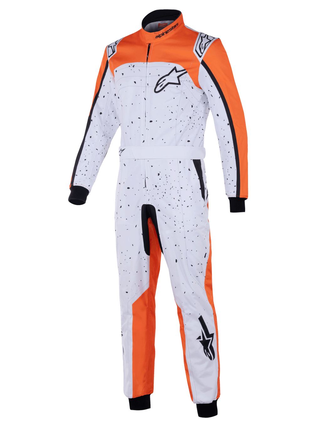 Alpinestars KMX-9 V3 Graphic 6 Suit, mono de karting, blanco, naranja y negro, con un patrón de salpicaduras negras, logotipos de Astar en el pecho y la pierna, puños de punto y cinturón ajustable, diseñado para la protección en carreras de karting