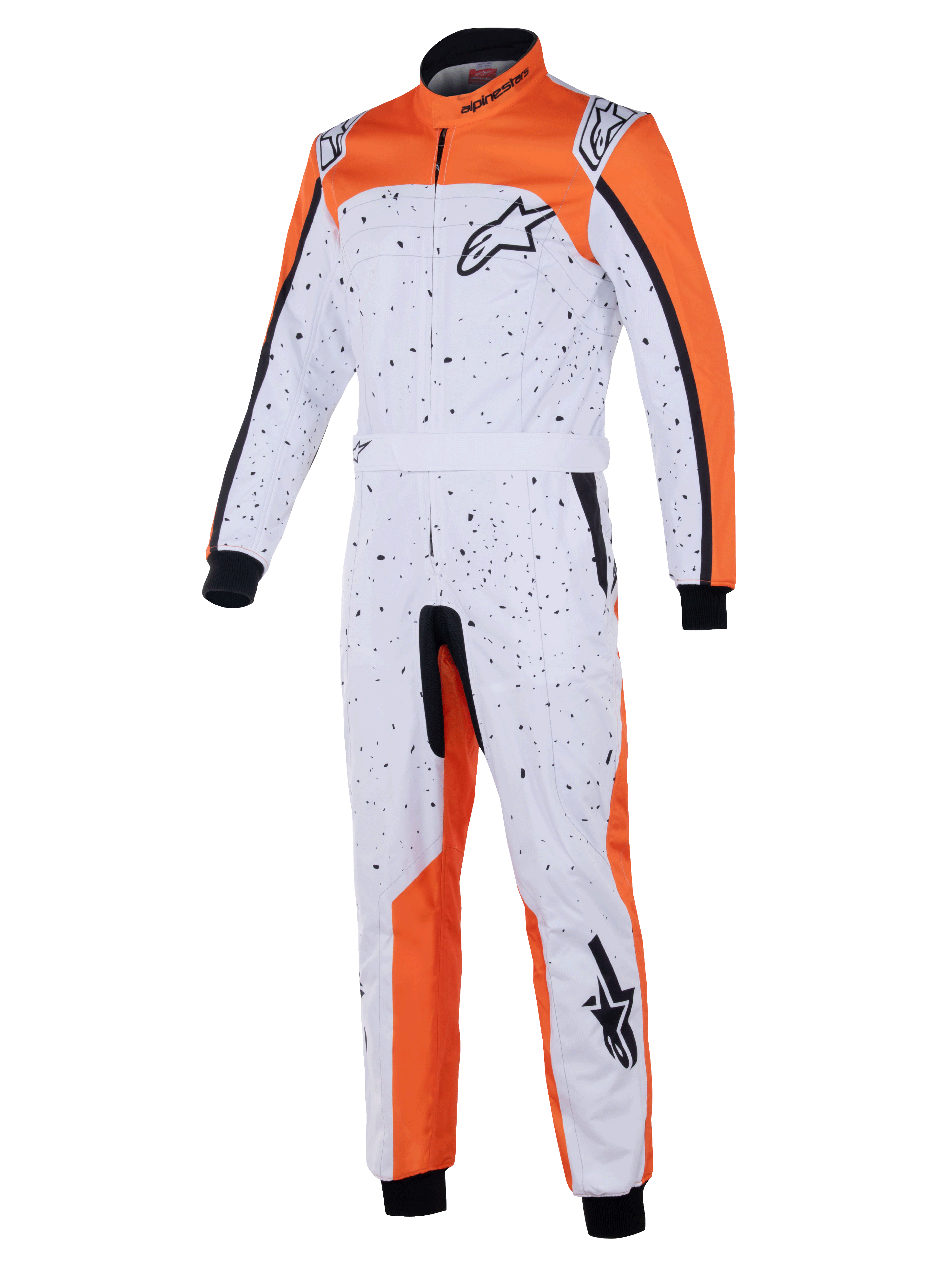 Alpinestars KMX-9 V3 Graphic 6 Suit, mono de karting, blanco, naranja y negro, con un patrón de salpicaduras negras, logotipos de Astar en el pecho y la pierna, puños de punto y cinturón ajustable, diseñado para la protección en carreras de karting