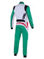 Alpinestars KMX-9 V3 Graphic 6 Suit, mono de karting, blanco, verde y rojo, vista trasera, con un patrón gráfico moteado en la parte superior de la espalda, piernas y mangas verdes, marca llamativa en rojo en la parte inferior de la espalda y paneles elásticos negros