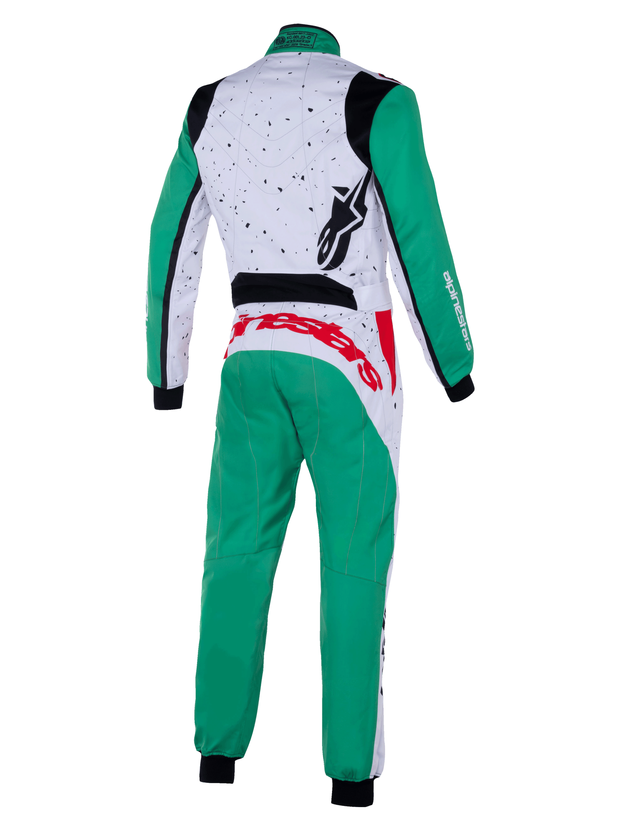 Alpinestars KMX-9 V3 Graphic 6 Suit, mono de karting, blanco, verde y rojo, vista trasera, con un patrón gráfico moteado en la parte superior de la espalda, piernas y mangas verdes, marca llamativa en rojo en la parte inferior de la espalda y paneles elásticos negros