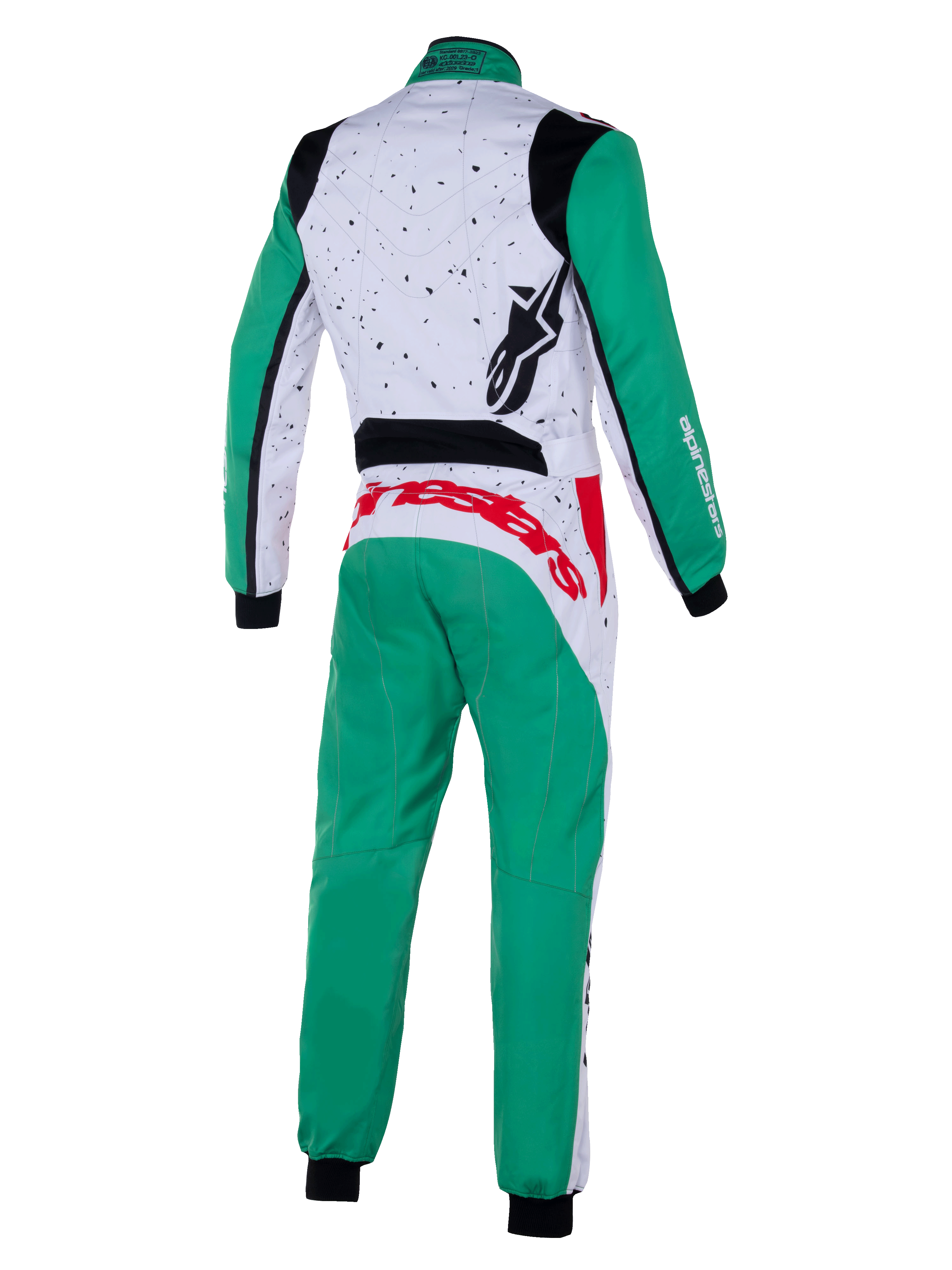 Alpinestars KMX-9 V3 Graphic 6 Suit, mono de karting, blanco, verde y rojo, vista trasera, con un patrón gráfico moteado en la parte superior de la espalda, piernas y mangas verdes, marca llamativa en rojo en la parte inferior de la espalda y paneles elásticos negros