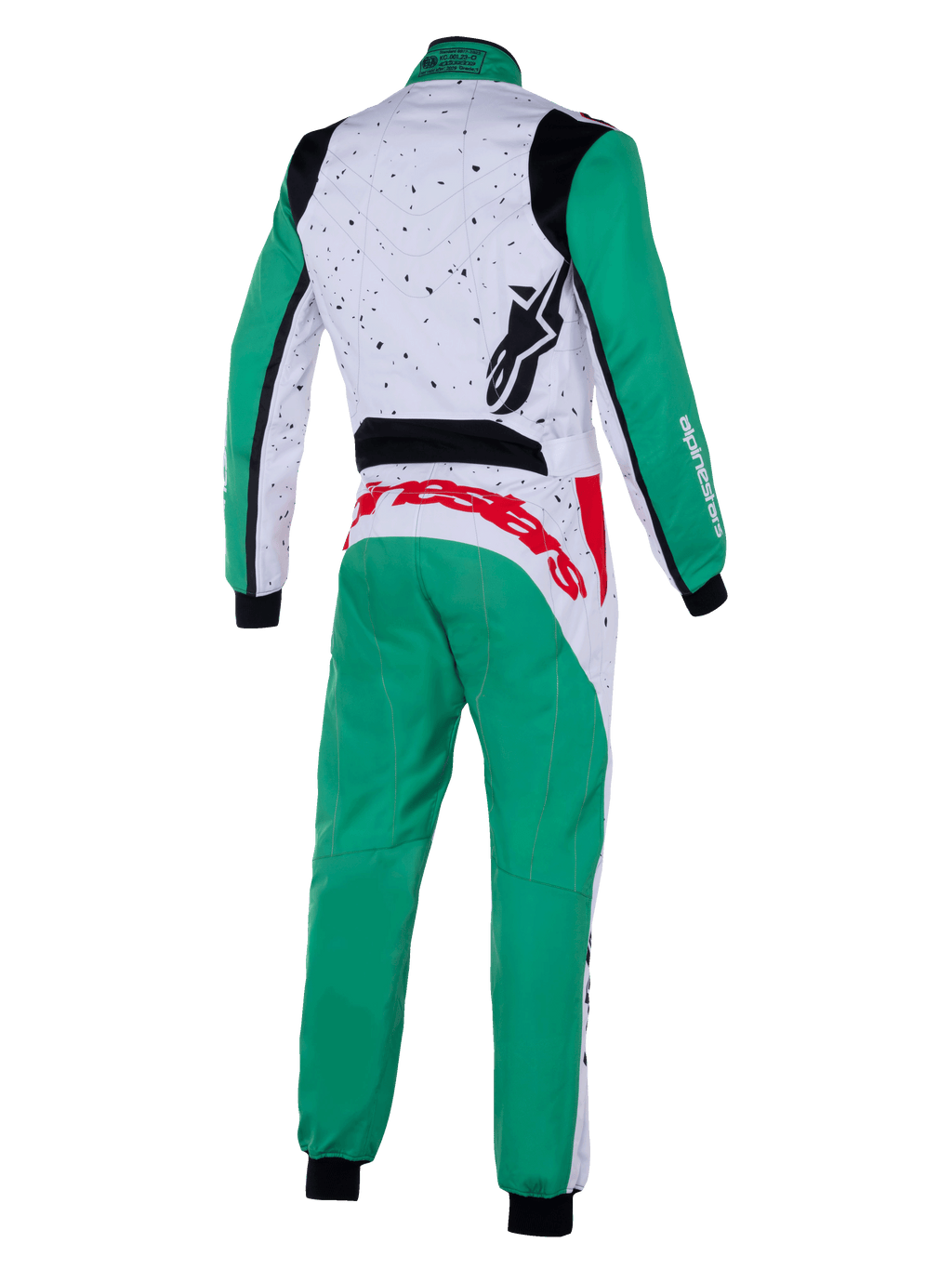 Alpinestars Youth KMX-9 V3 Graphic 6 Suit, Karting Suit, White Green and Red, back view, featuring green sleeves and pants, white upper back with black speckled graphics, red Alpinestars branding across the waist, black logo on the shoulder, professional karting apparel