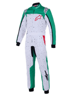 Alpinestars KMX-9 V3 Graphic 6 Suit, mono de karting, blanco, verde y rojo, cuerpo blanco con gráfico moteado negro, paneles laterales verdes en las piernas y los hombros, logotipo rojo de Alpinestars en el pecho, puños y tobillos negros