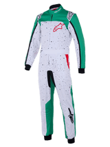 Alpinestars KMX-9 V3 Graphic 6 Suit, mono de karting, blanco, verde y rojo, cuerpo blanco con gráfico moteado negro, paneles laterales verdes en las piernas y los hombros, logotipo rojo de Alpinestars en el pecho, puños y tobillos negros
