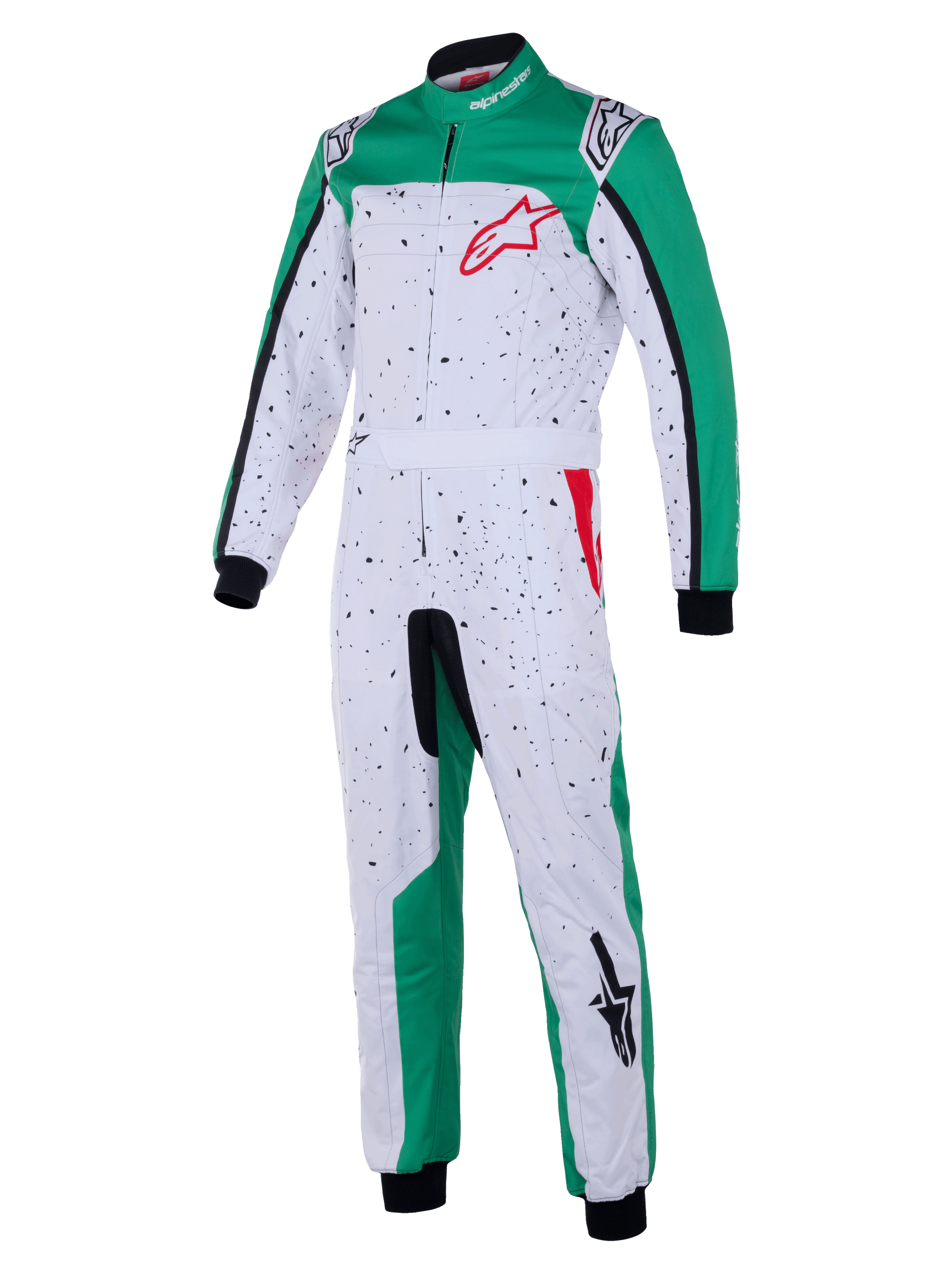 Alpinestars KMX-9 V3 Graphic 6 Suit, mono de karting, blanco, verde y rojo, cuerpo blanco con gráfico moteado negro, paneles laterales verdes en las piernas y los hombros, logotipo rojo de Alpinestars en el pecho, puños y tobillos negros