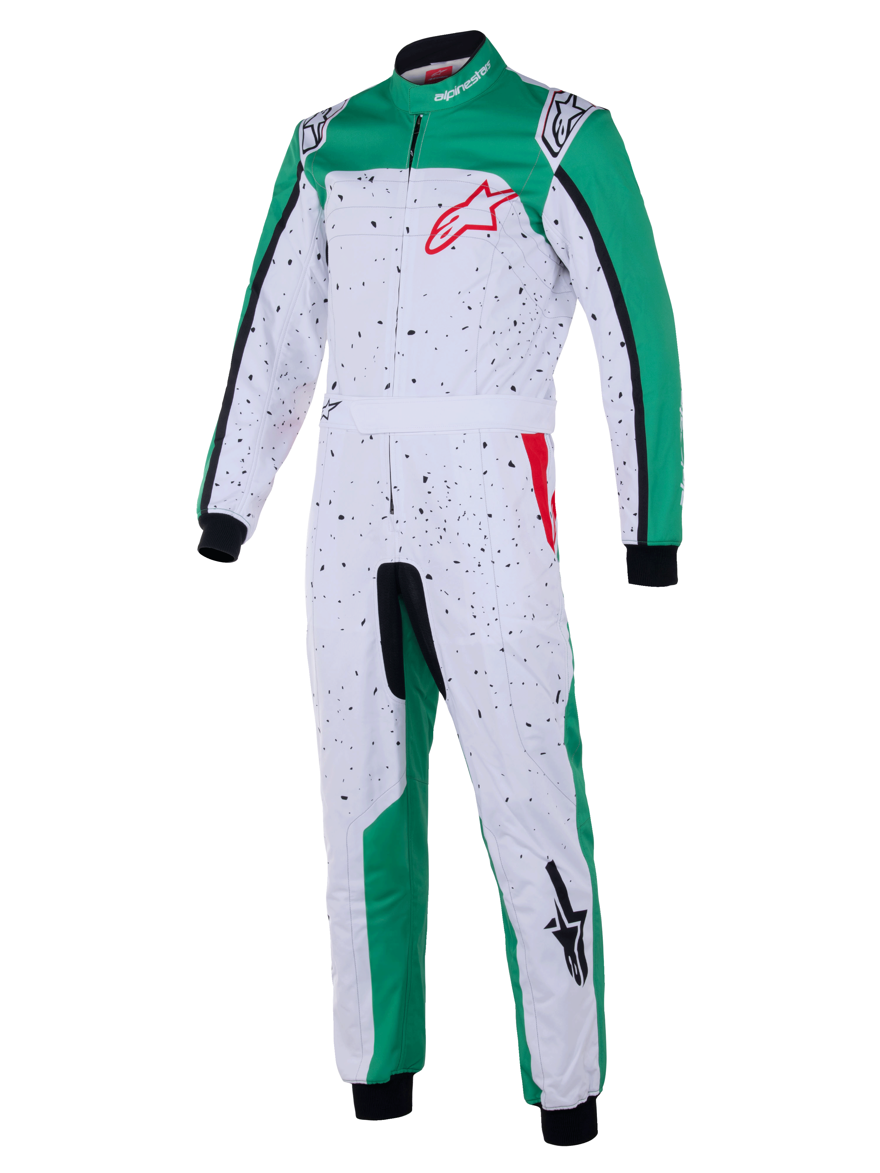 Alpinestars KMX-9 V3 Graphic 6 Suit, mono de karting, blanco, verde y rojo, cuerpo blanco con gráfico moteado negro, paneles laterales verdes en las piernas y los hombros, logotipo rojo de Alpinestars en el pecho, puños y tobillos negros