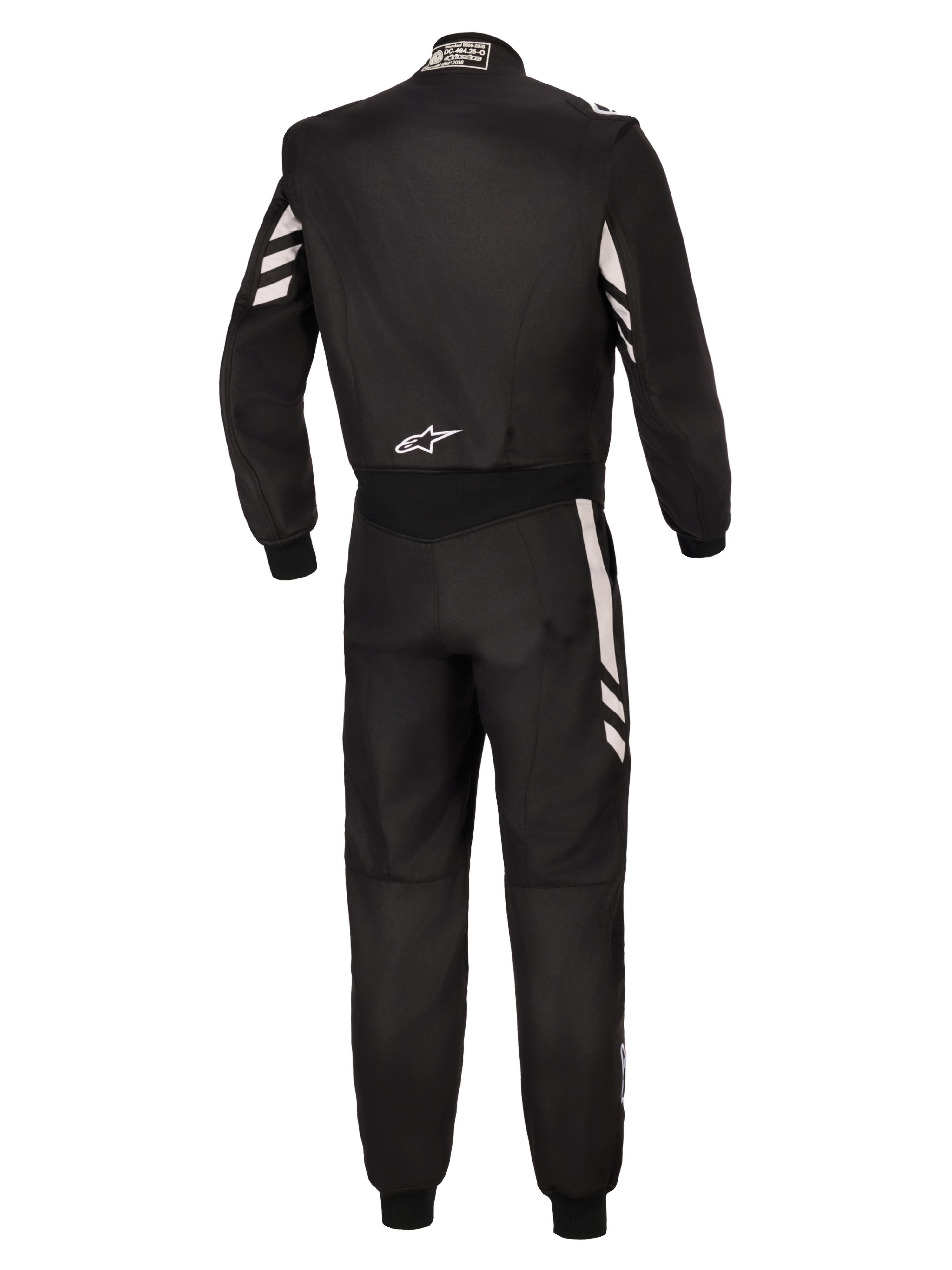 Alpinestars GP Race V3 Suit FIA, vista posterior de un mono de automovilismo de una pieza negro con detalles plateados en las mangas y piernas, con el logotipo de Alpinestars en blanco en la parte inferior de la espalda, equipamiento profesional para automovilismo con certificación FIA.