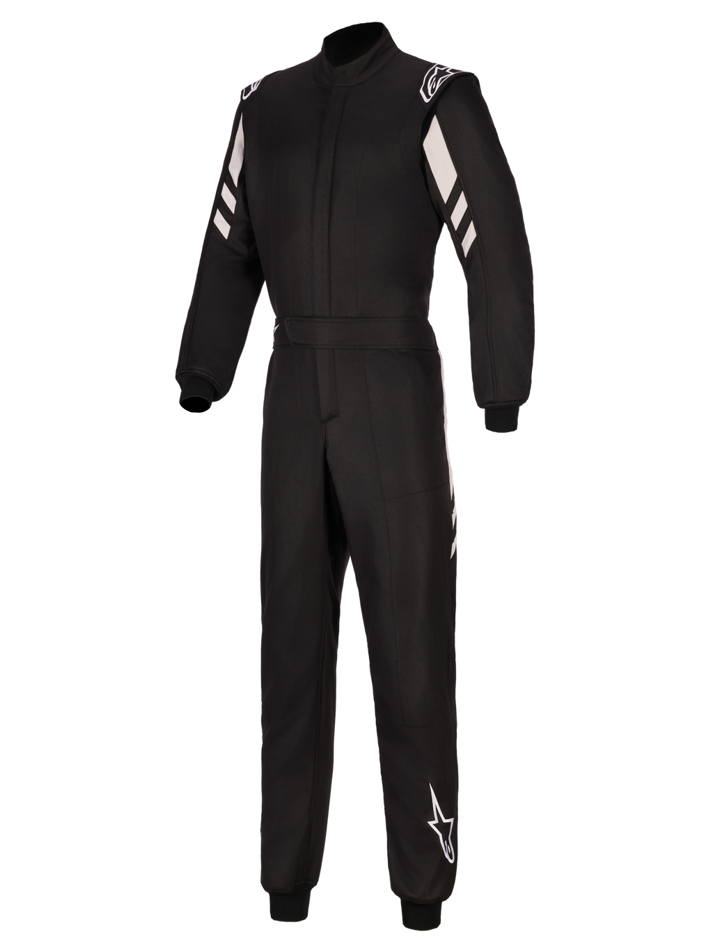 Alpinestars GP Race V3 Suit FIA, mono de automovilismo, negro y plateado, con construcción de dos capas, franjas diagonales blancas en los brazos, logotipos de Alpinestars en los hombros y la parte inferior de la pierna, puños acanalados y cintura con cinturón