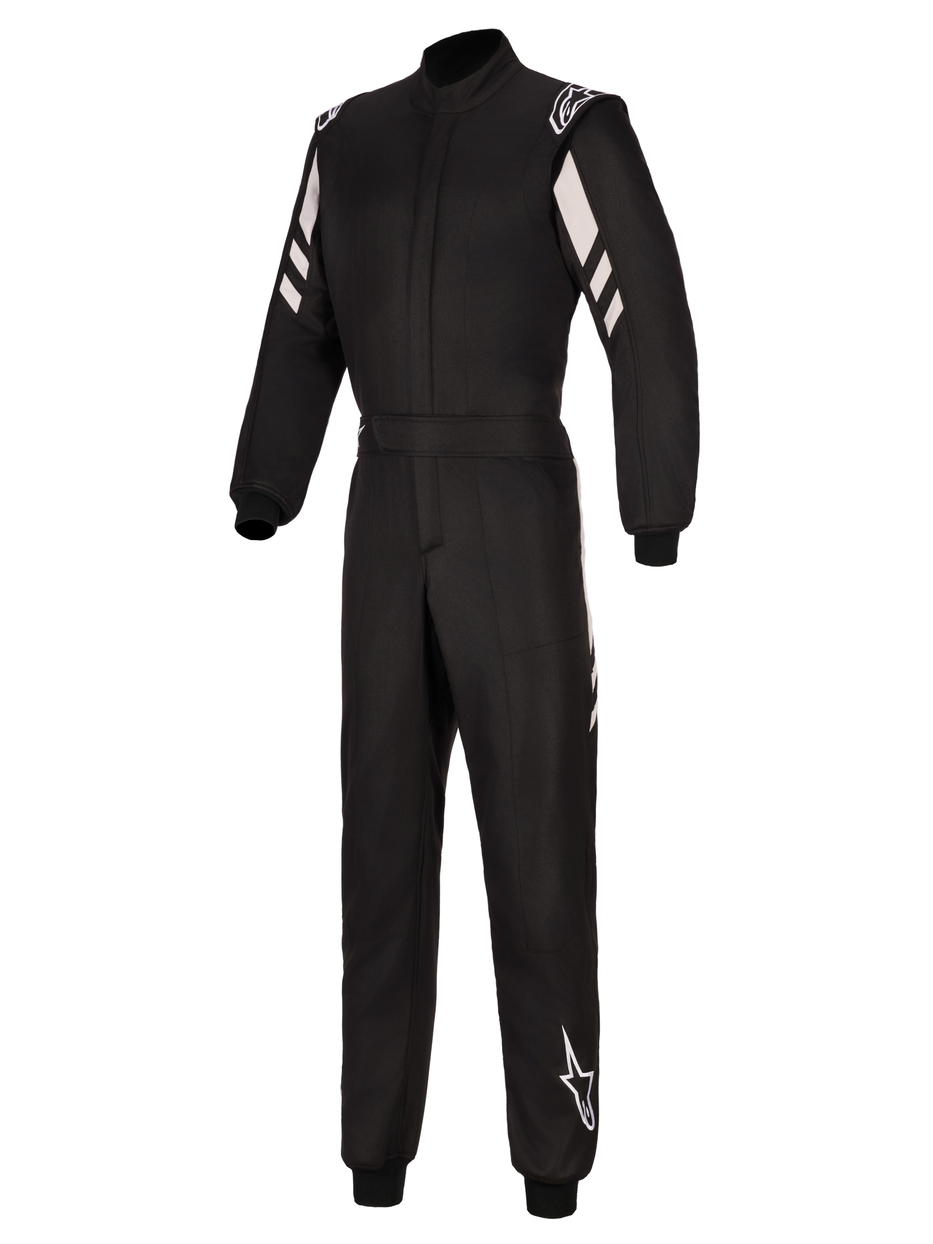 Alpinestars GP Race V3 Suit FIA, mono de automovilismo, negro y plateado, con construcción de dos capas, franjas diagonales blancas en los brazos, logotipos de Alpinestars en los hombros y la parte inferior de la pierna, puños acanalados y cintura con cinturón